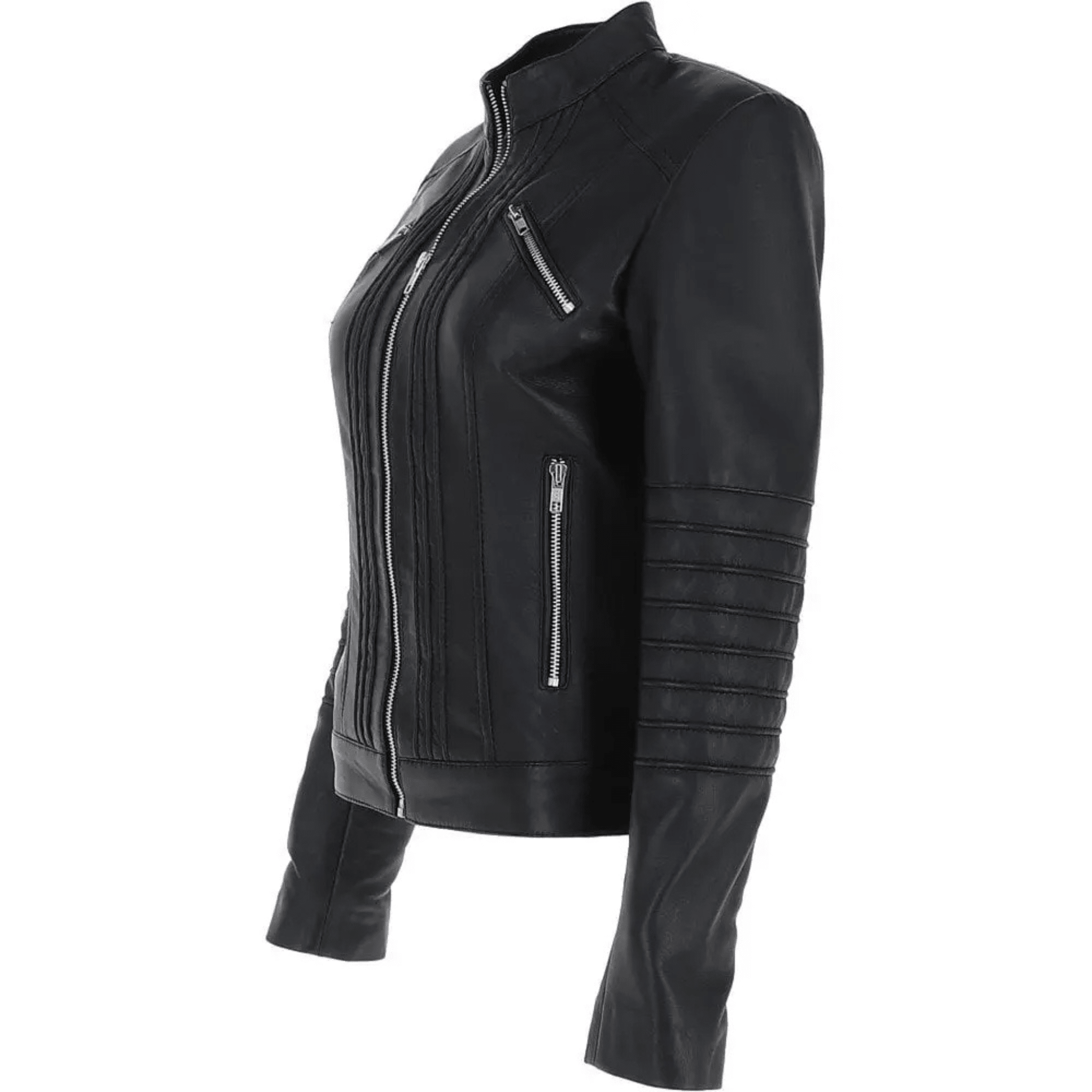 womens black leather biker jacket side view slim fit feminine design