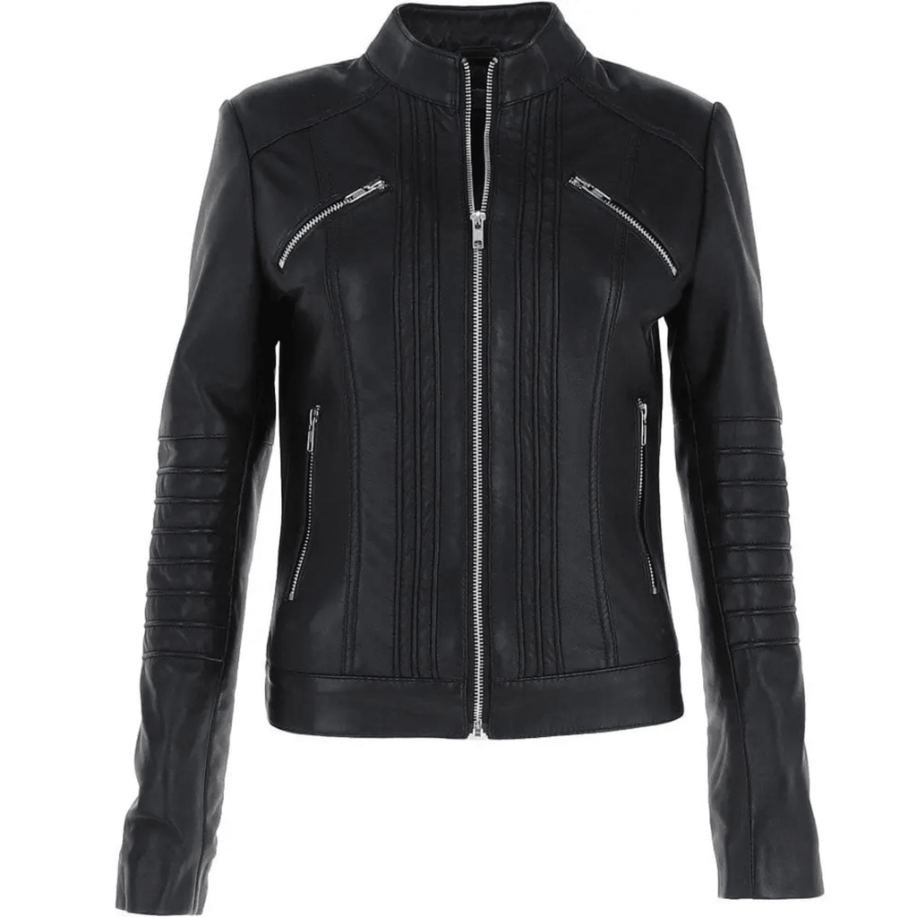 womens black leather biker jacket genuine sheepskin slim fit front view zipper design