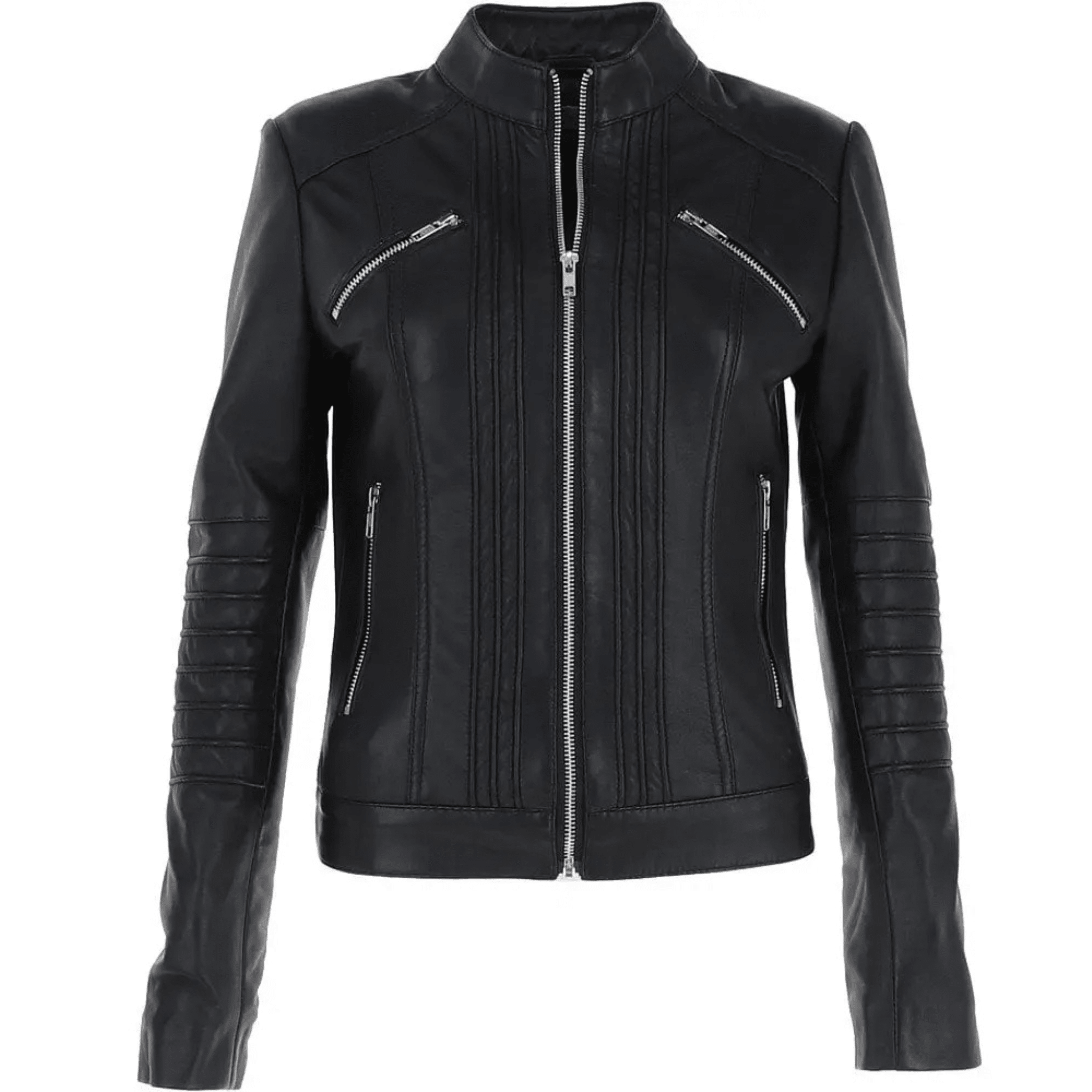 womens black leather biker jacket genuine sheepskin slim fit front view zipper design