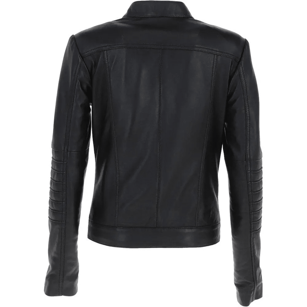womens black leather biker jacket back view slim fit genuine sheepskin clean biker design
