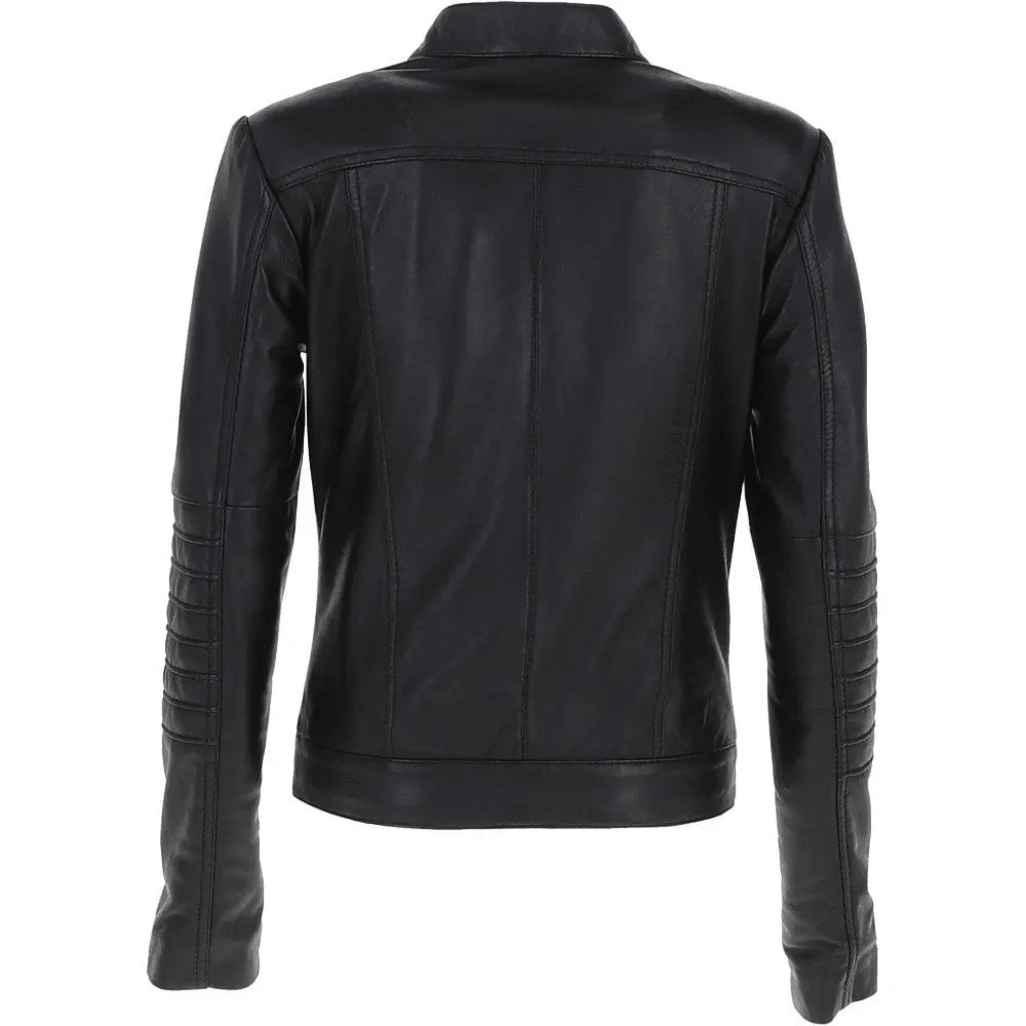womens black leather biker jacket back view slim fit genuine sheepskin clean biker design