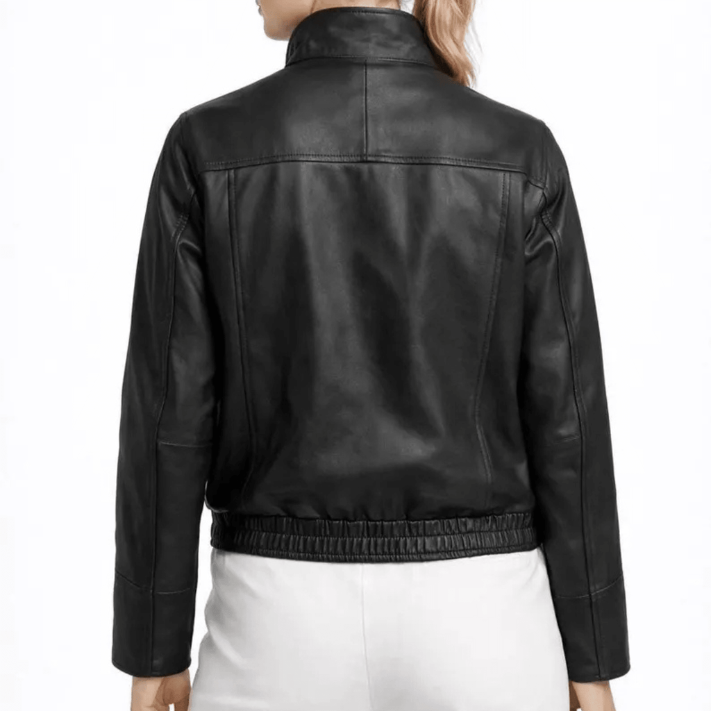 Womens Black Genuine Sheepskin Leather Bomber Jacket back view