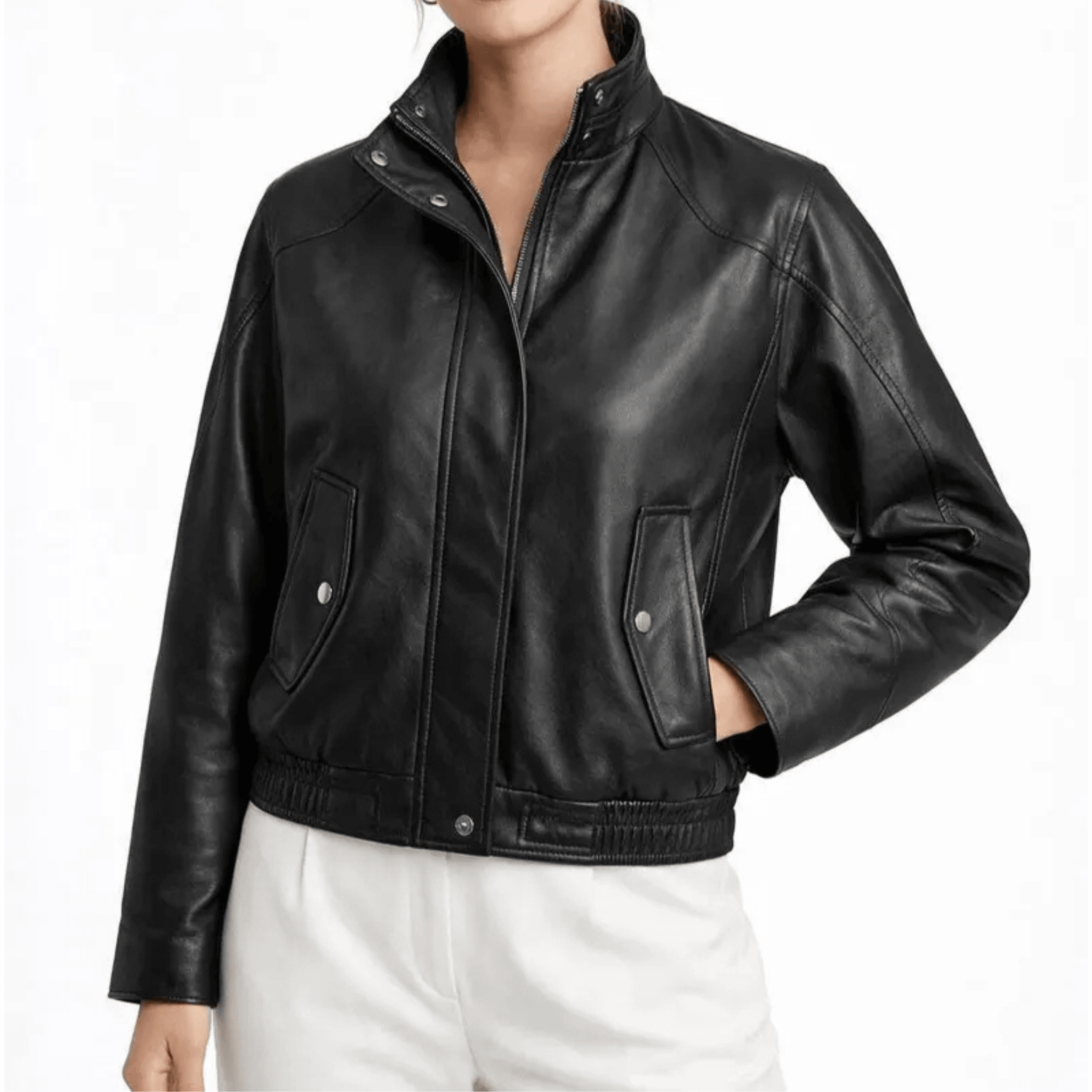 Womens Black Genuine Sheepskin Leather Bomber Jacket front view