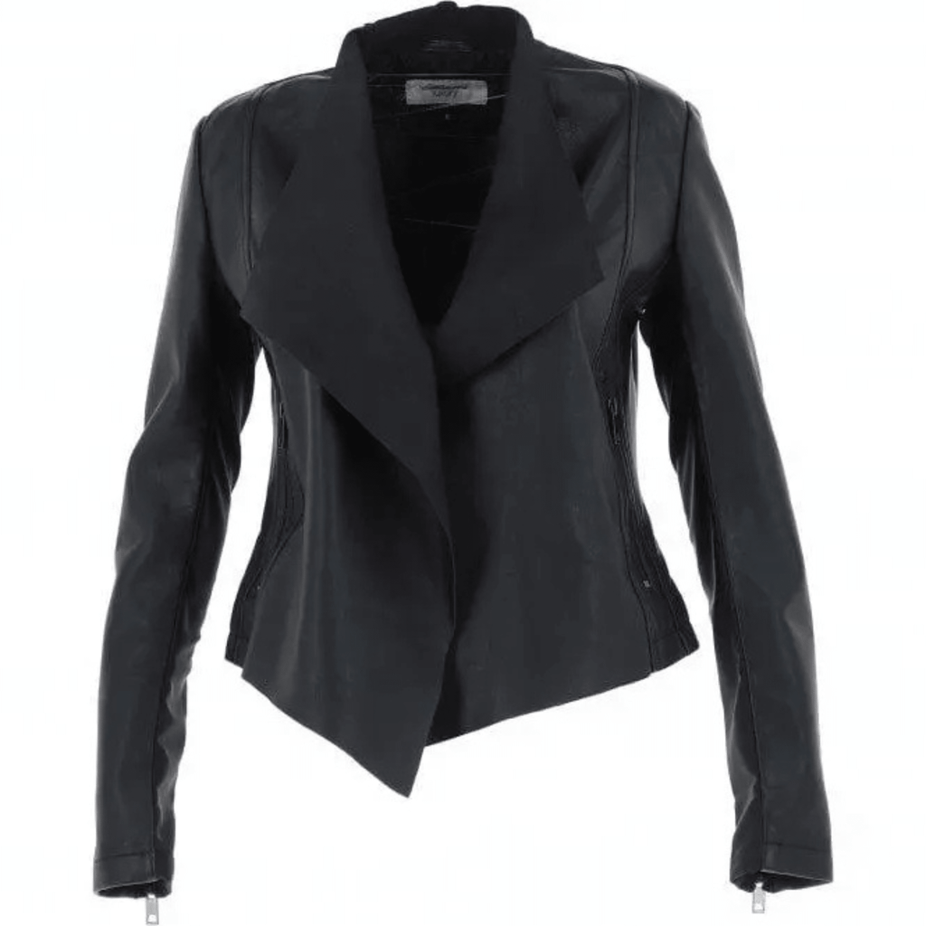 womens black waterfall leather jacket front view