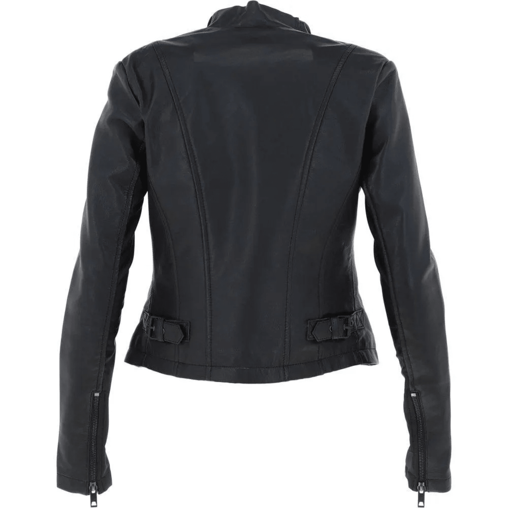 womens black waterfall leather jacket back view
