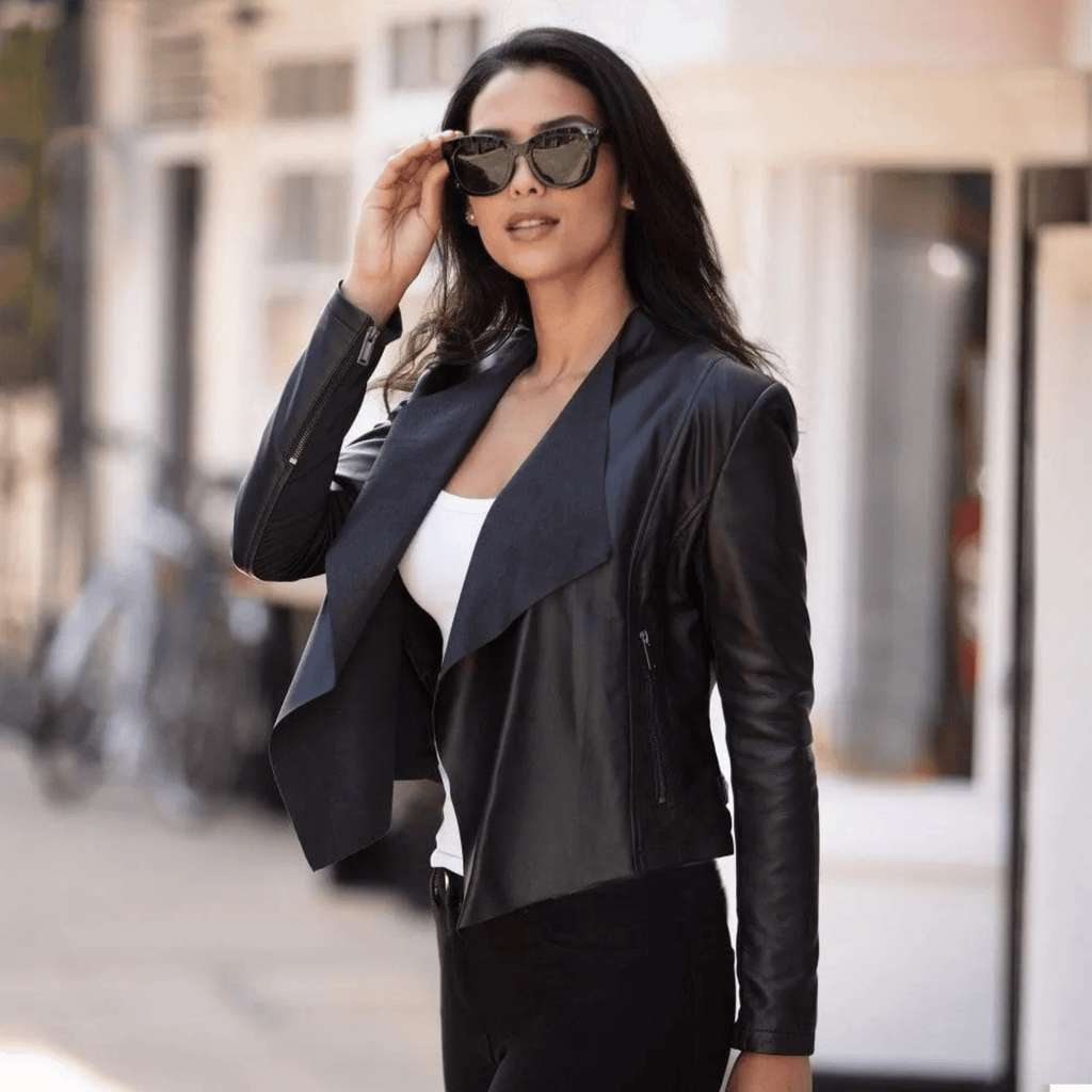 womens black waterfall leather jacket model front view
