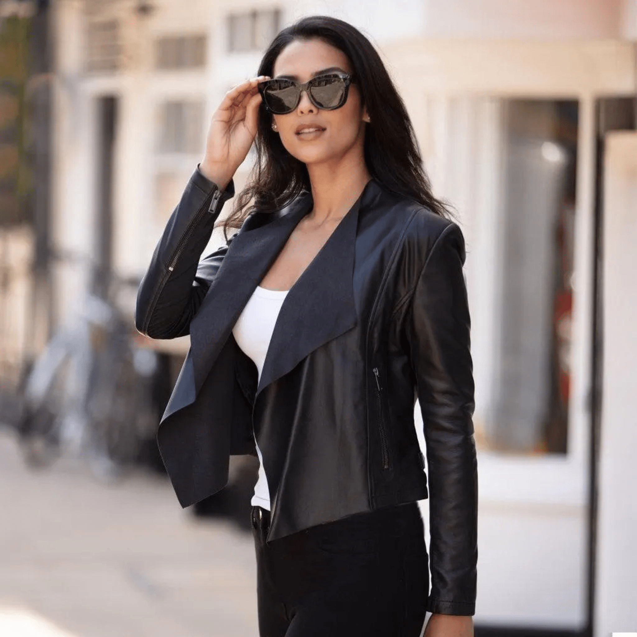 womens black waterfall leather jacket model front view