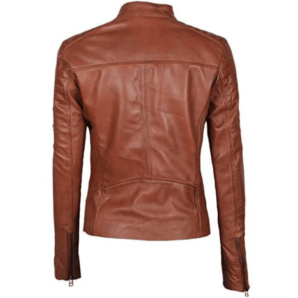women’s brown biker leather jacket back view