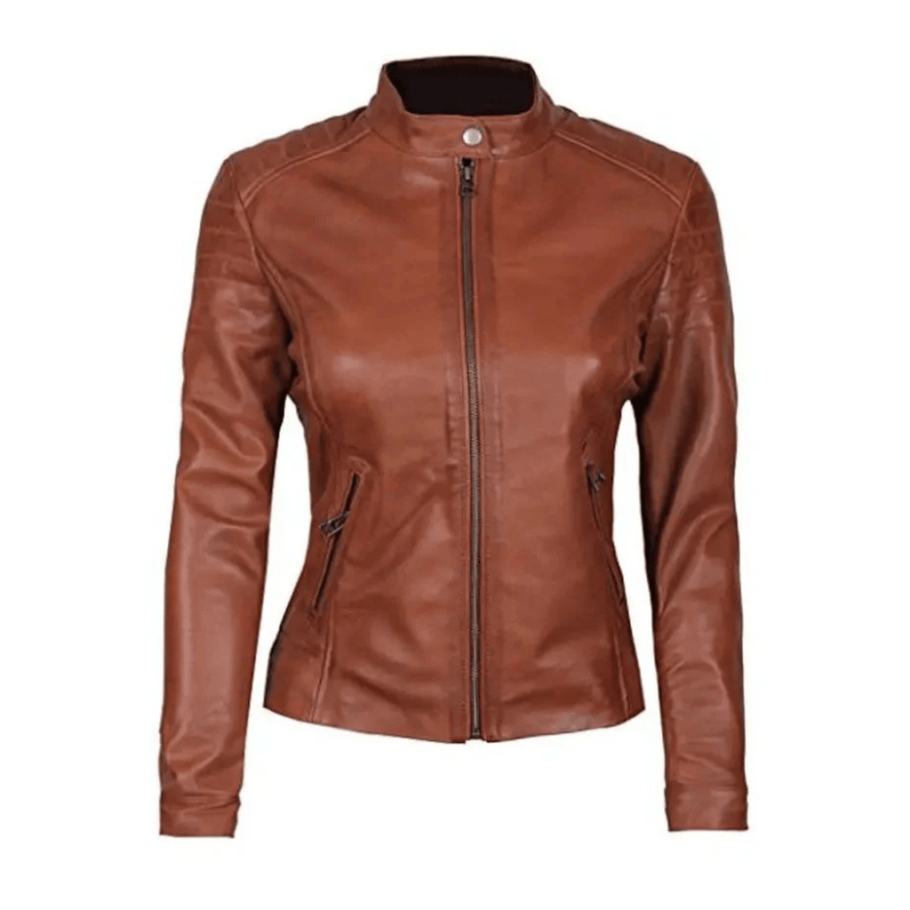women’s brown biker leather jacket front view