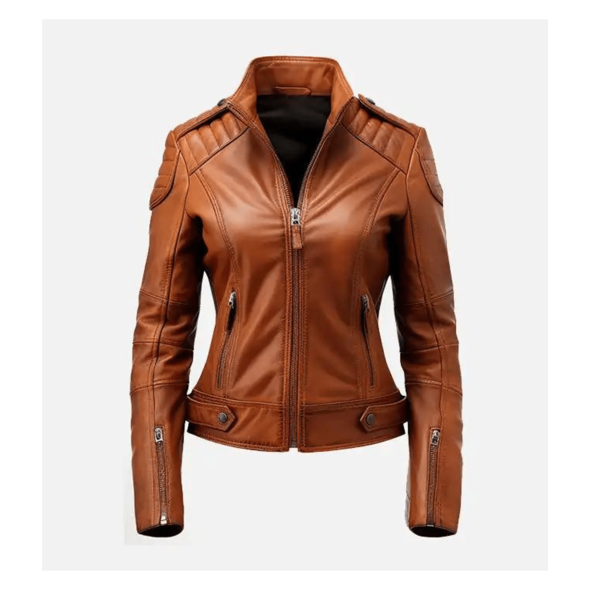 womens brown leather biker jacket front view