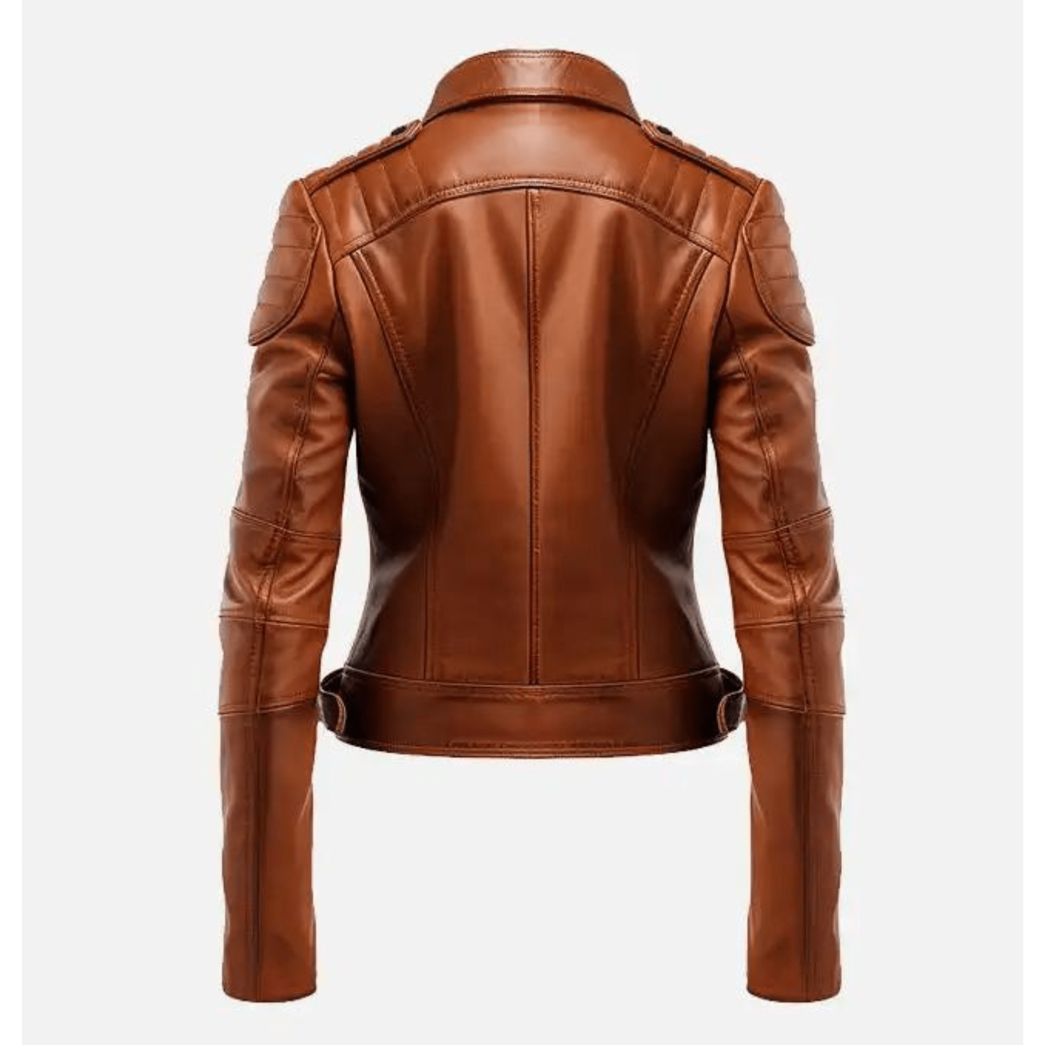 womens brown leather biker jacket back view