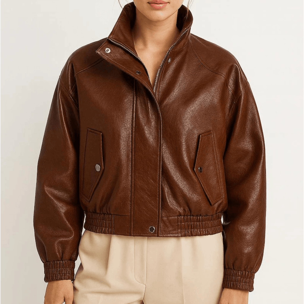 Womens Brown Genuine Sheepskin Leather Bomber Jacket front view