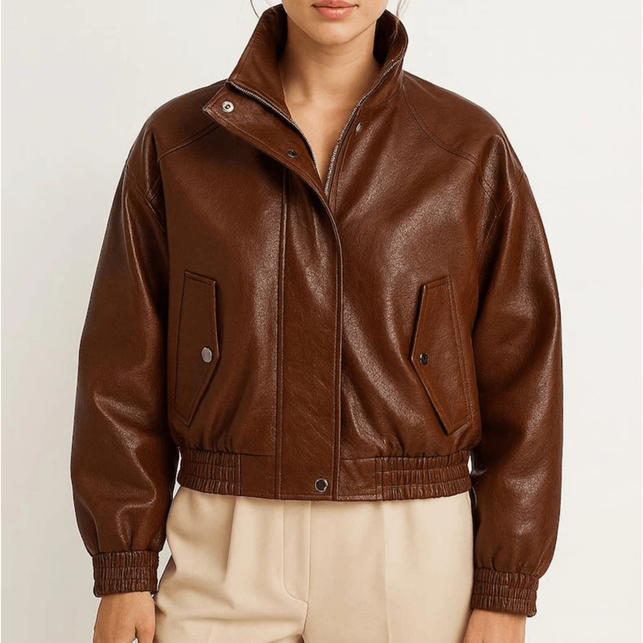 Womens Brown Genuine Sheepskin Leather Bomber Jacket front view