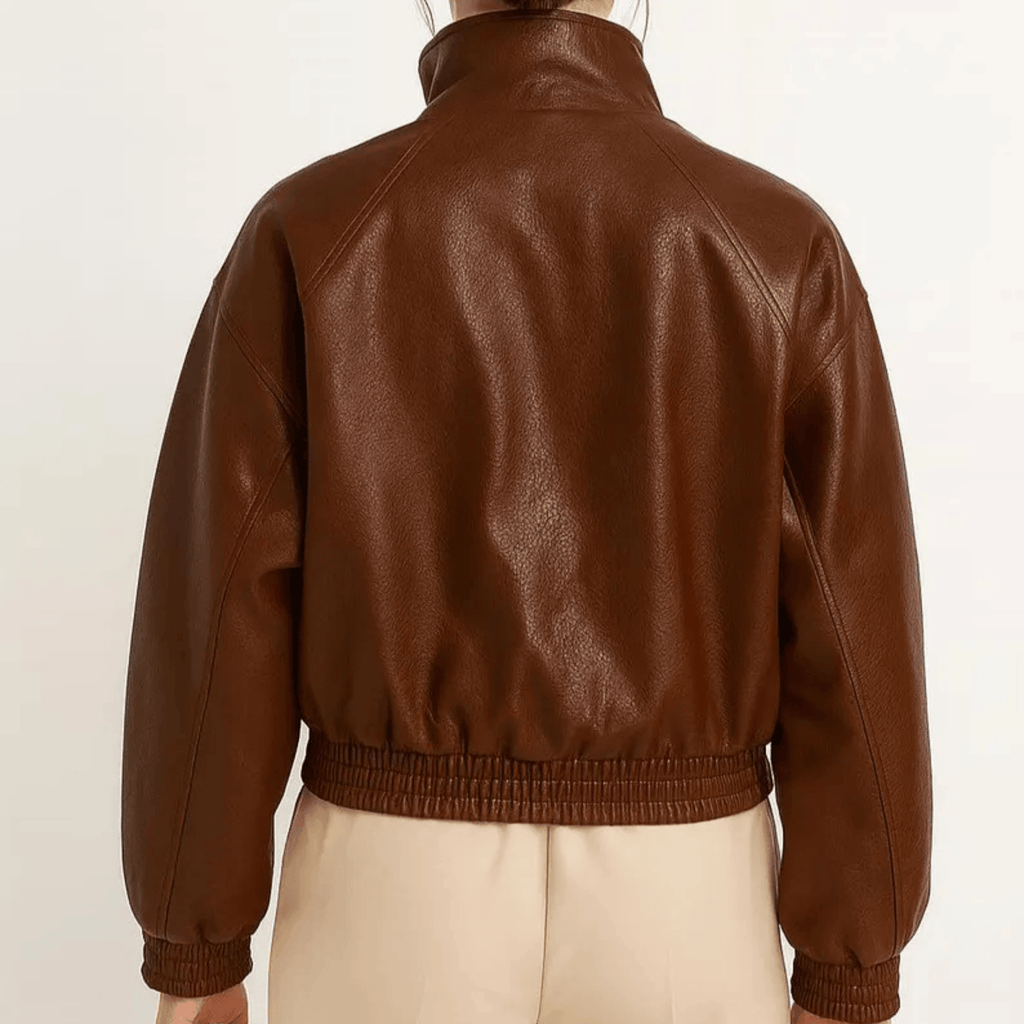 Womens Brown Genuine Sheepskin Leather Bomber Jacket back view