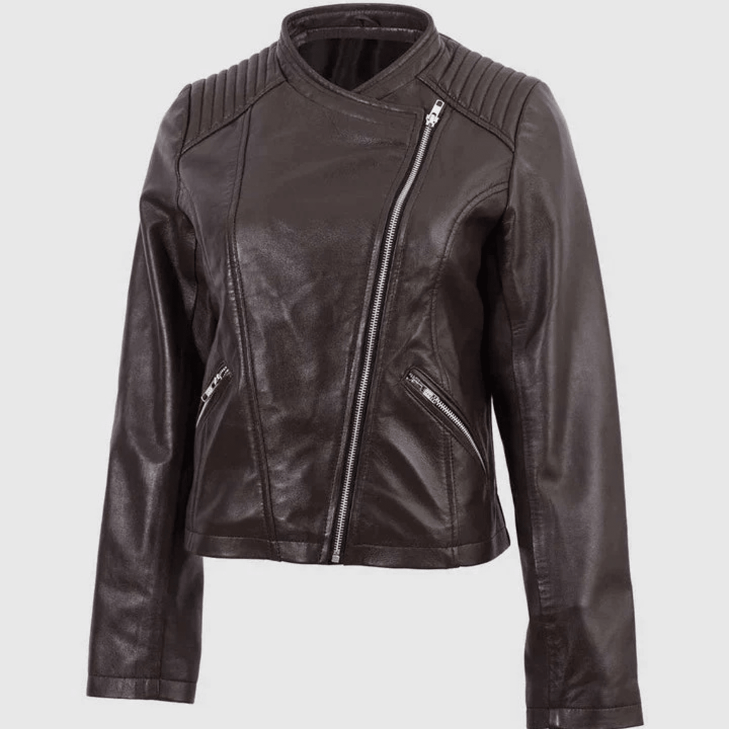 women’s classic brown leather jacket front view