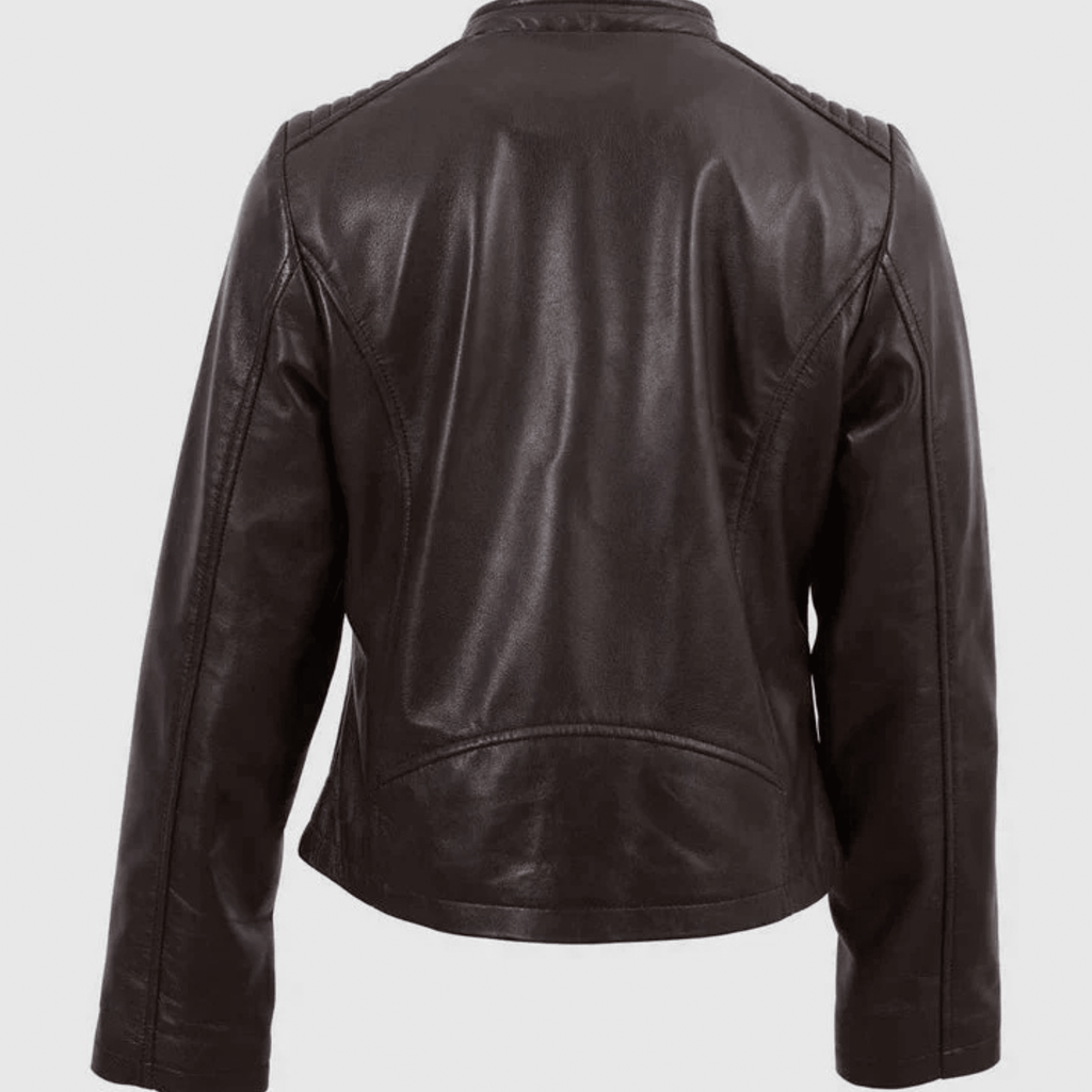 women’s classic brown leather jacket back view