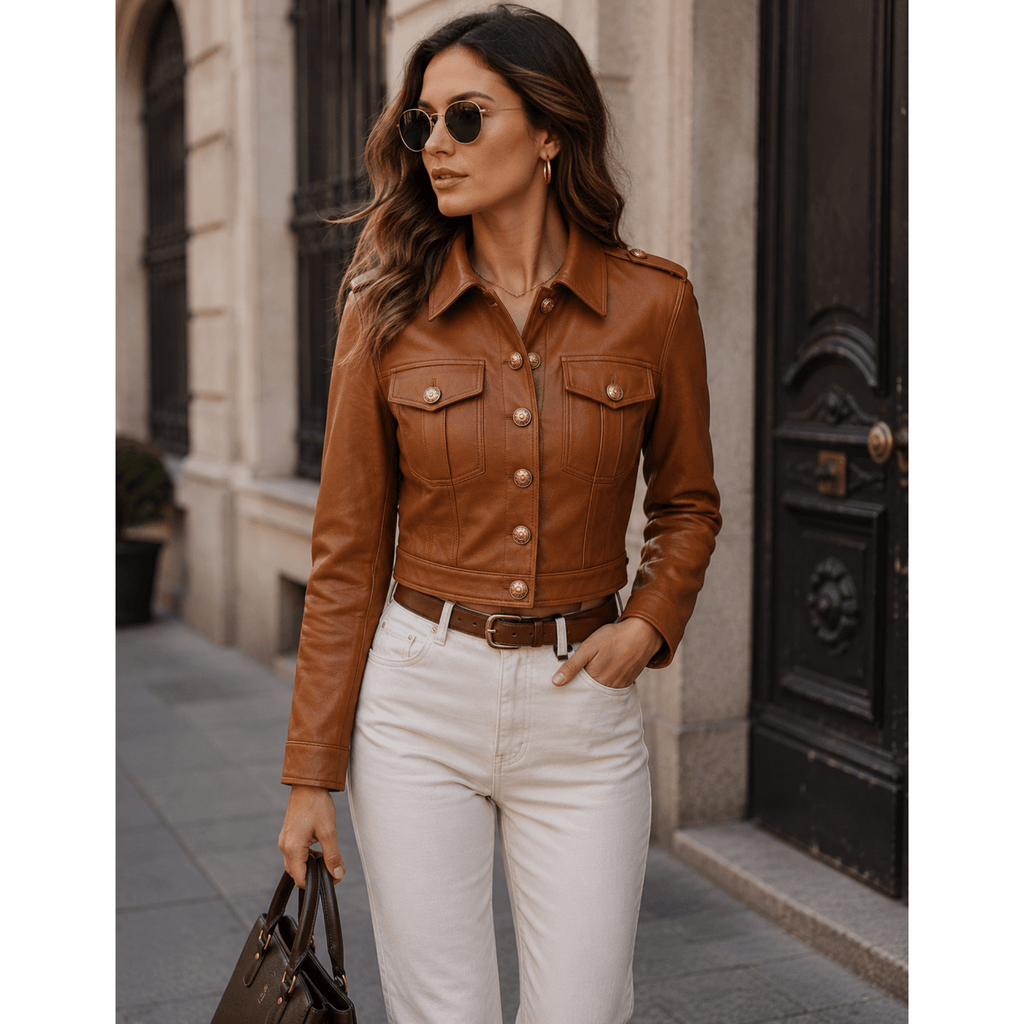 Women's Cropped Sheepskin Leather Moto Jacket - The Leather Syndicate