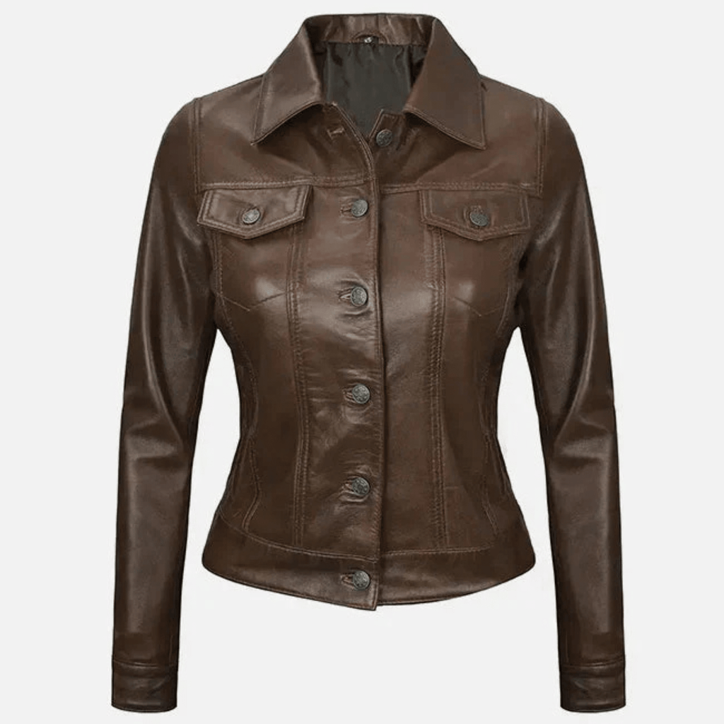 Women’s dark brown leather trucker jacket made from genuine sheepskin leather front view