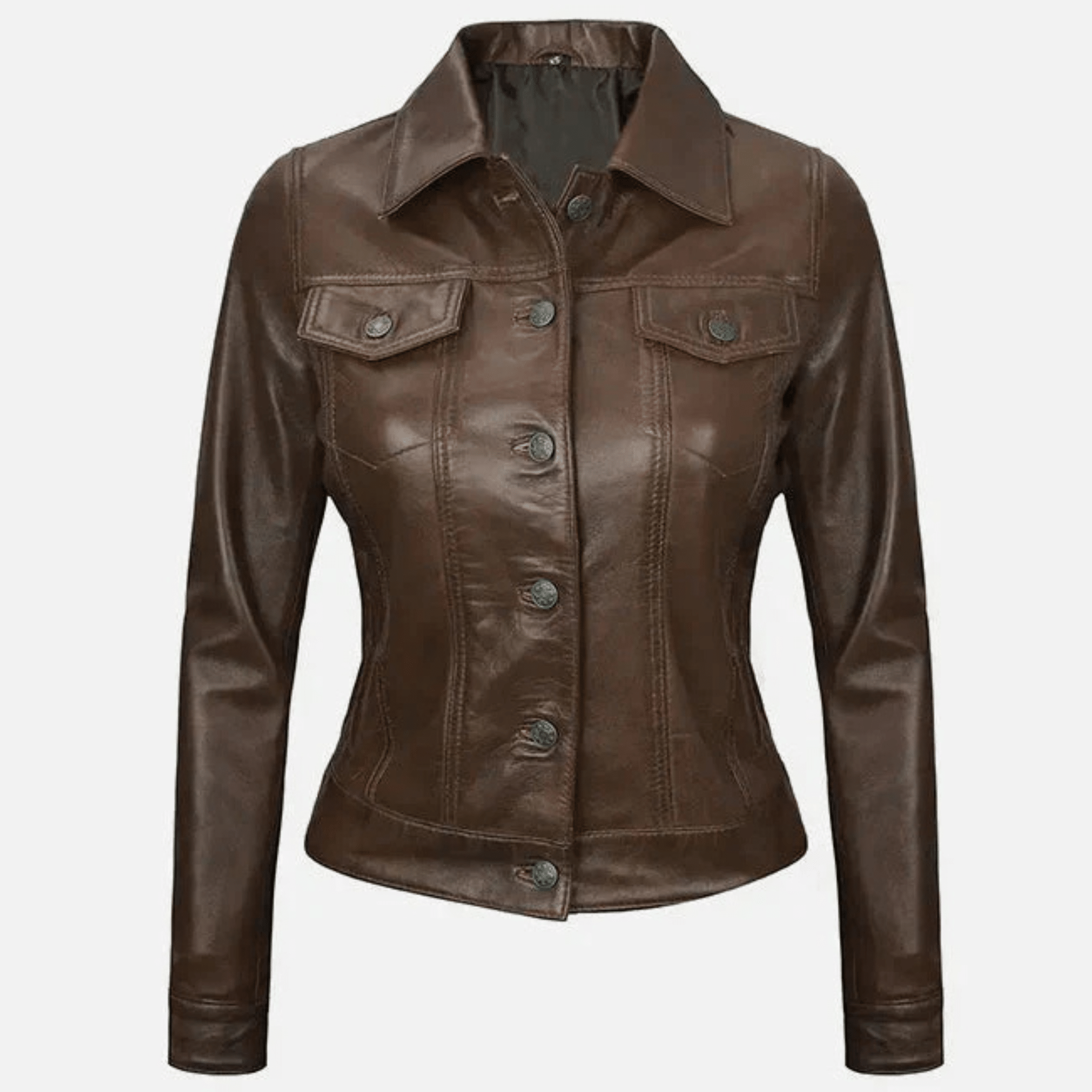 Women’s dark brown leather trucker jacket made from genuine sheepskin leather front view