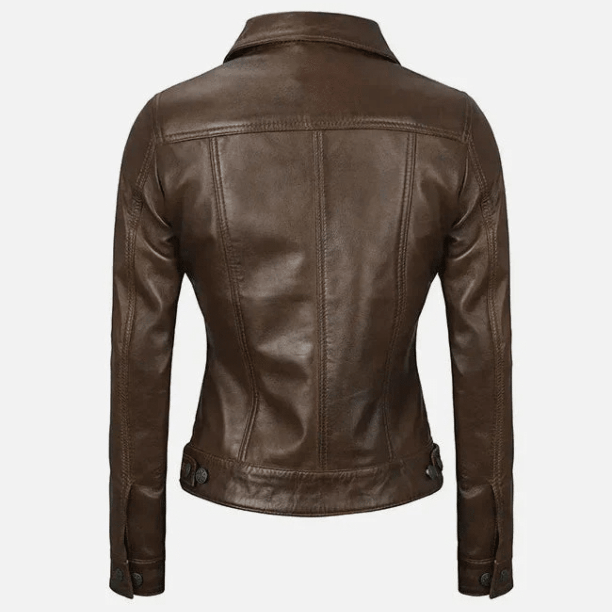 Women’s dark brown leather trucker jacket made from genuine sheepskin leather back view