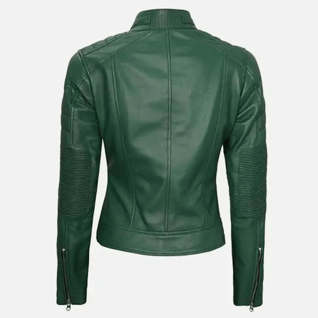 women’s green leather cafe racer jacket back view classic racer design