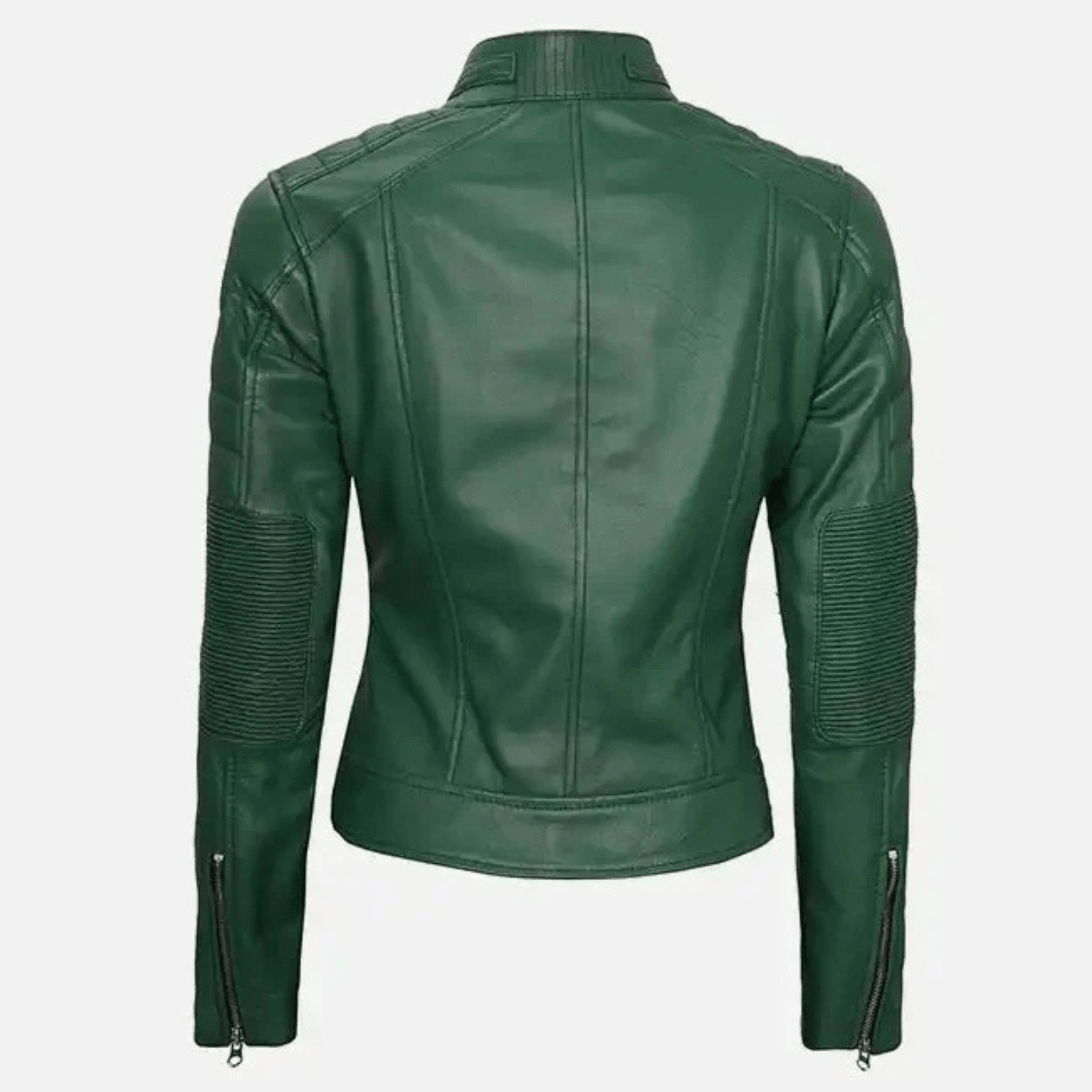 women’s green leather cafe racer jacket back view classic racer design