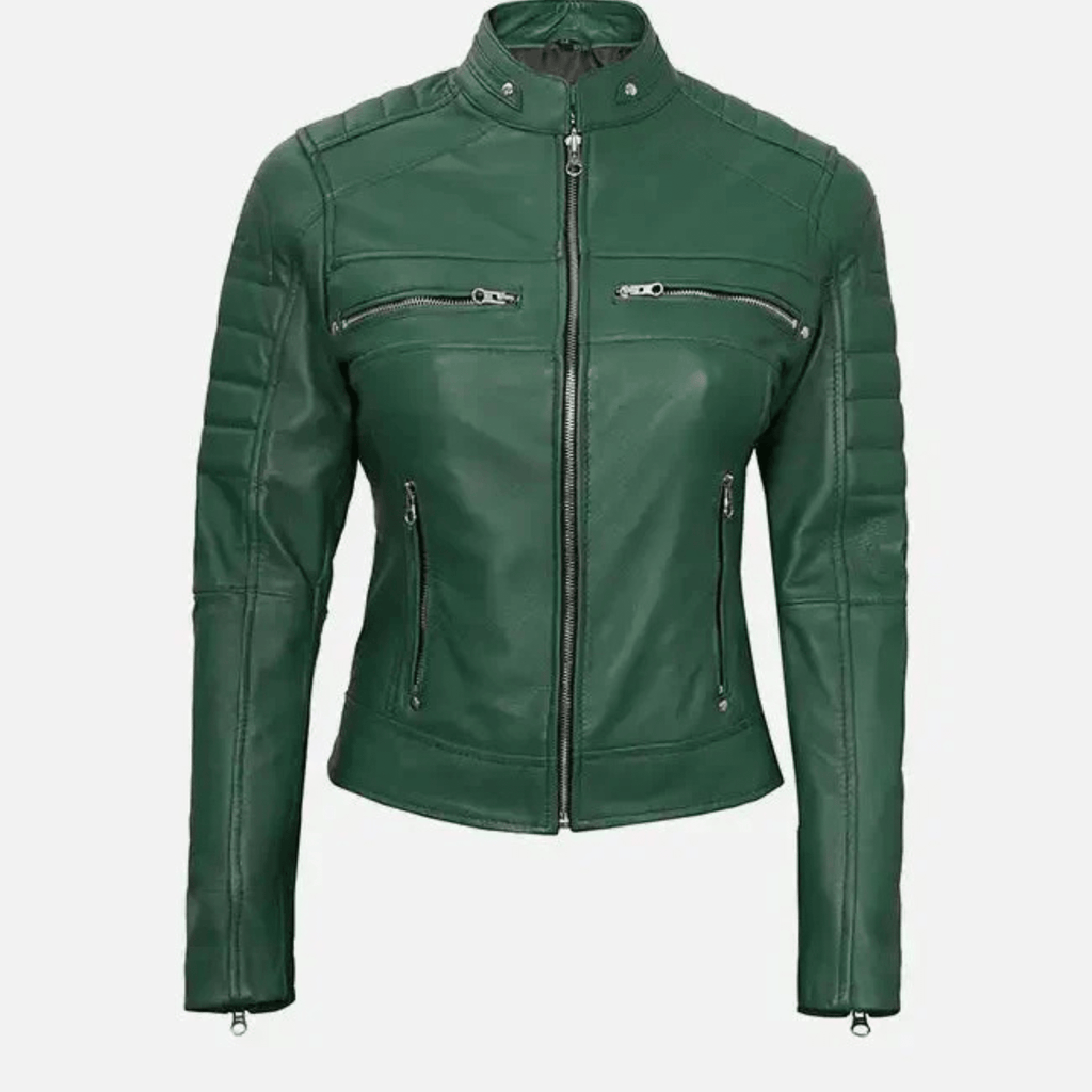women’s green leather cafe racer jacket front view slim fit biker style