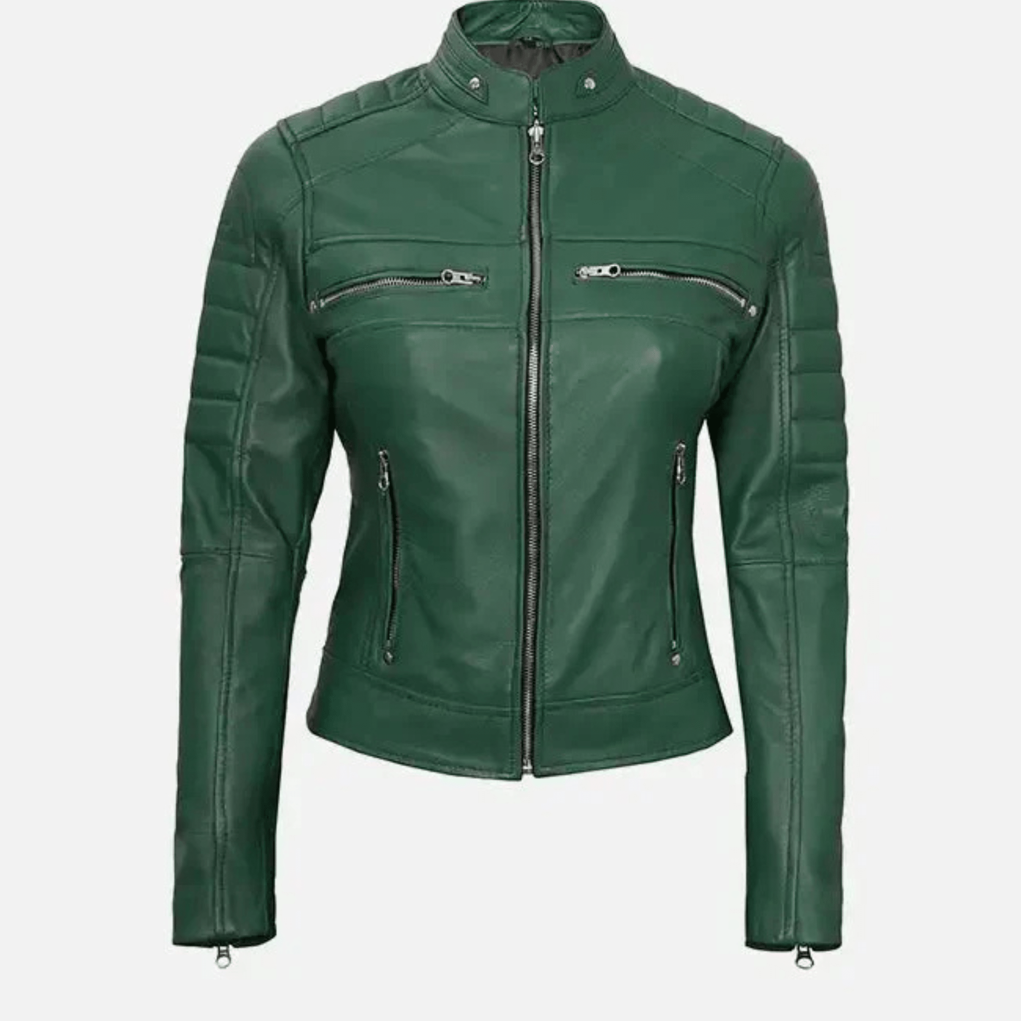 women’s green leather cafe racer jacket front view slim fit biker style
