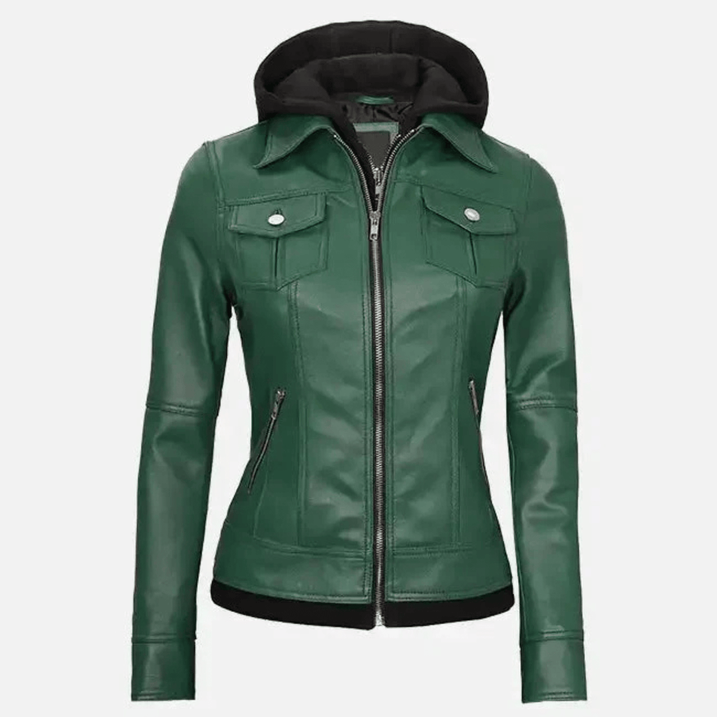 womens green leather jacket with hood sheepskin front view with zipper closure