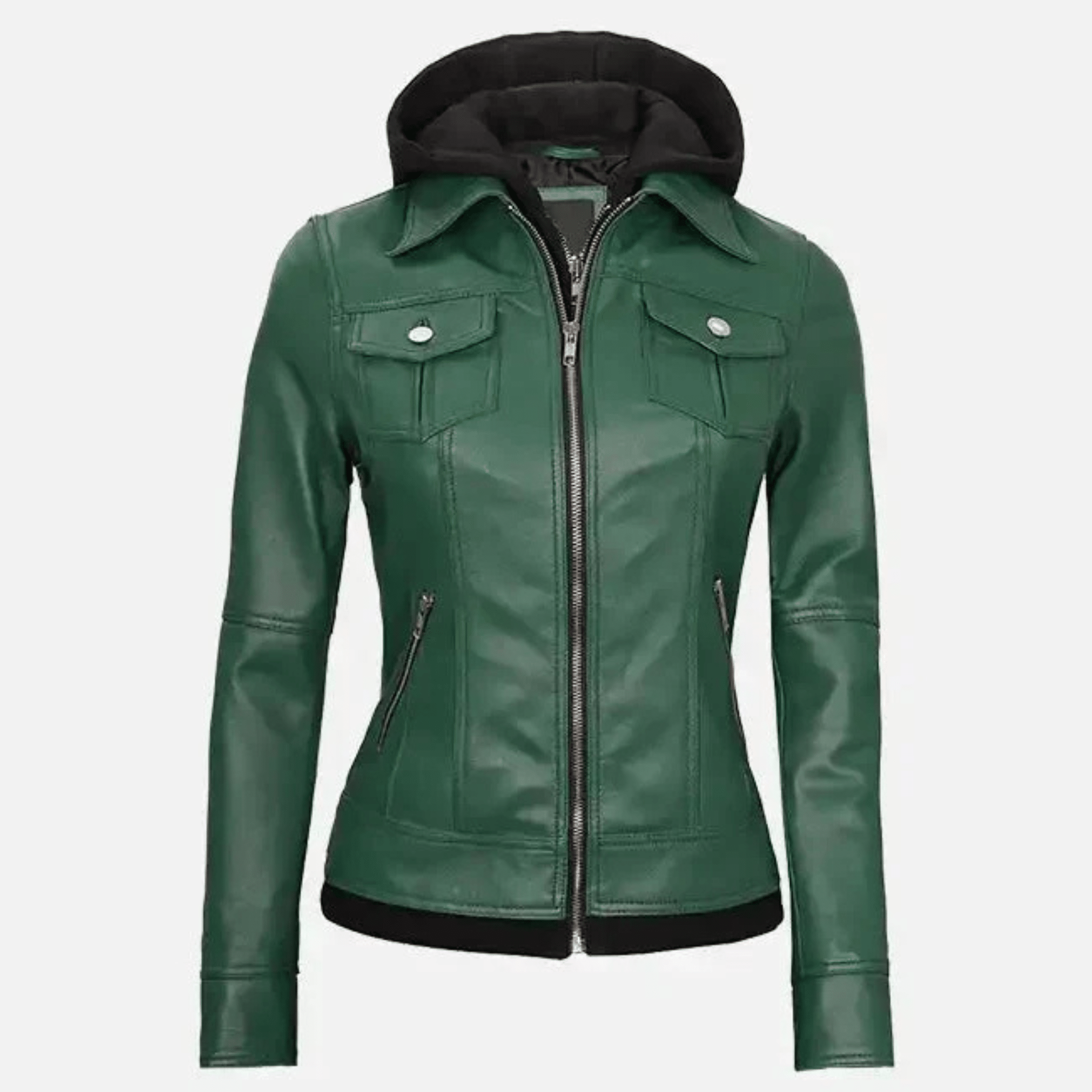 womens green leather jacket with hood sheepskin front view with zipper closure