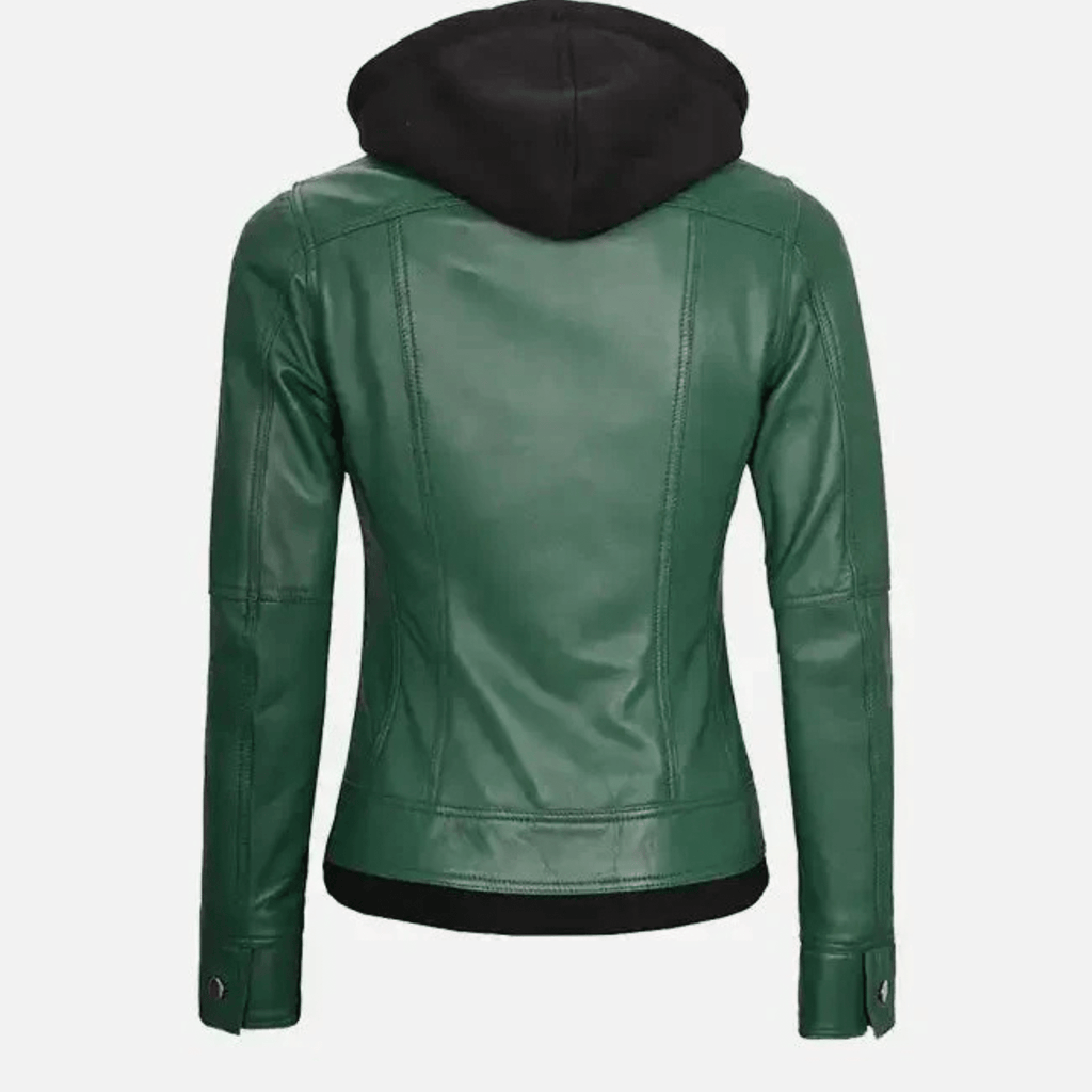 womens green leather jacket with hood back view showing hooded design