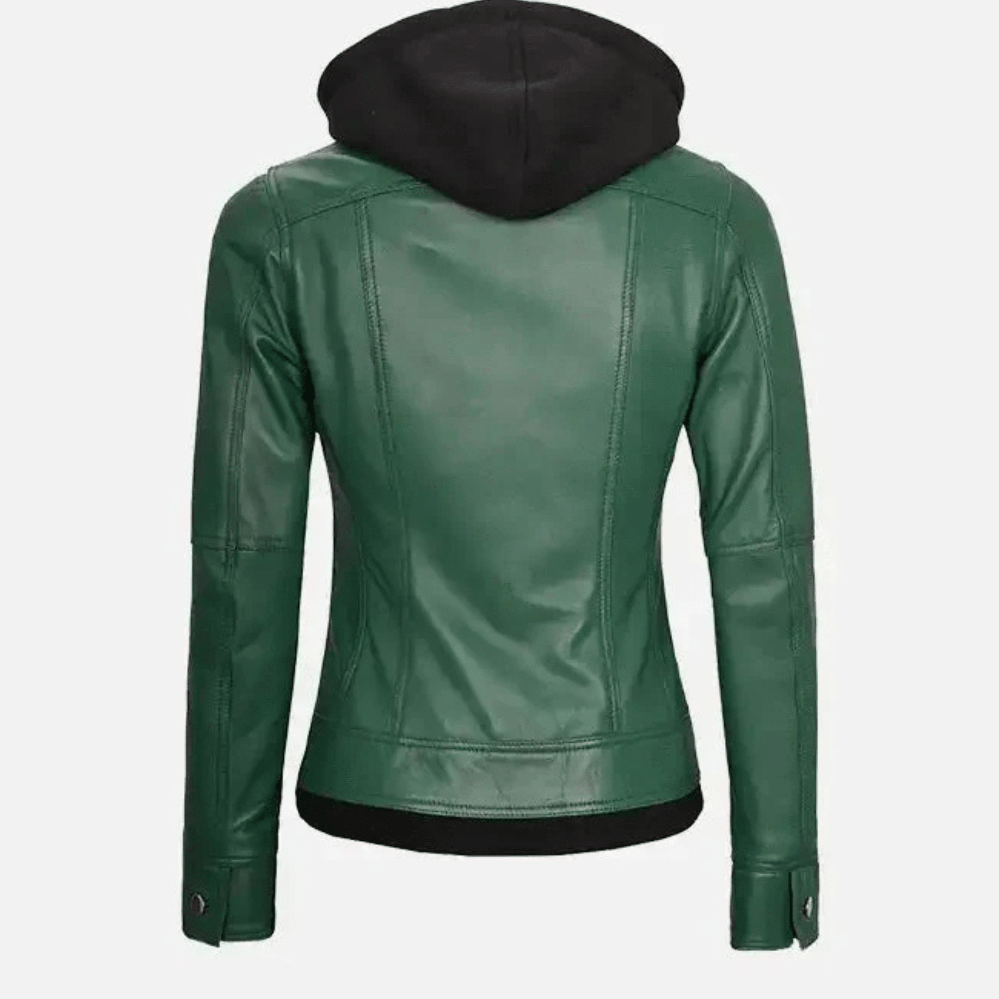 womens green leather jacket with hood back view showing hooded design