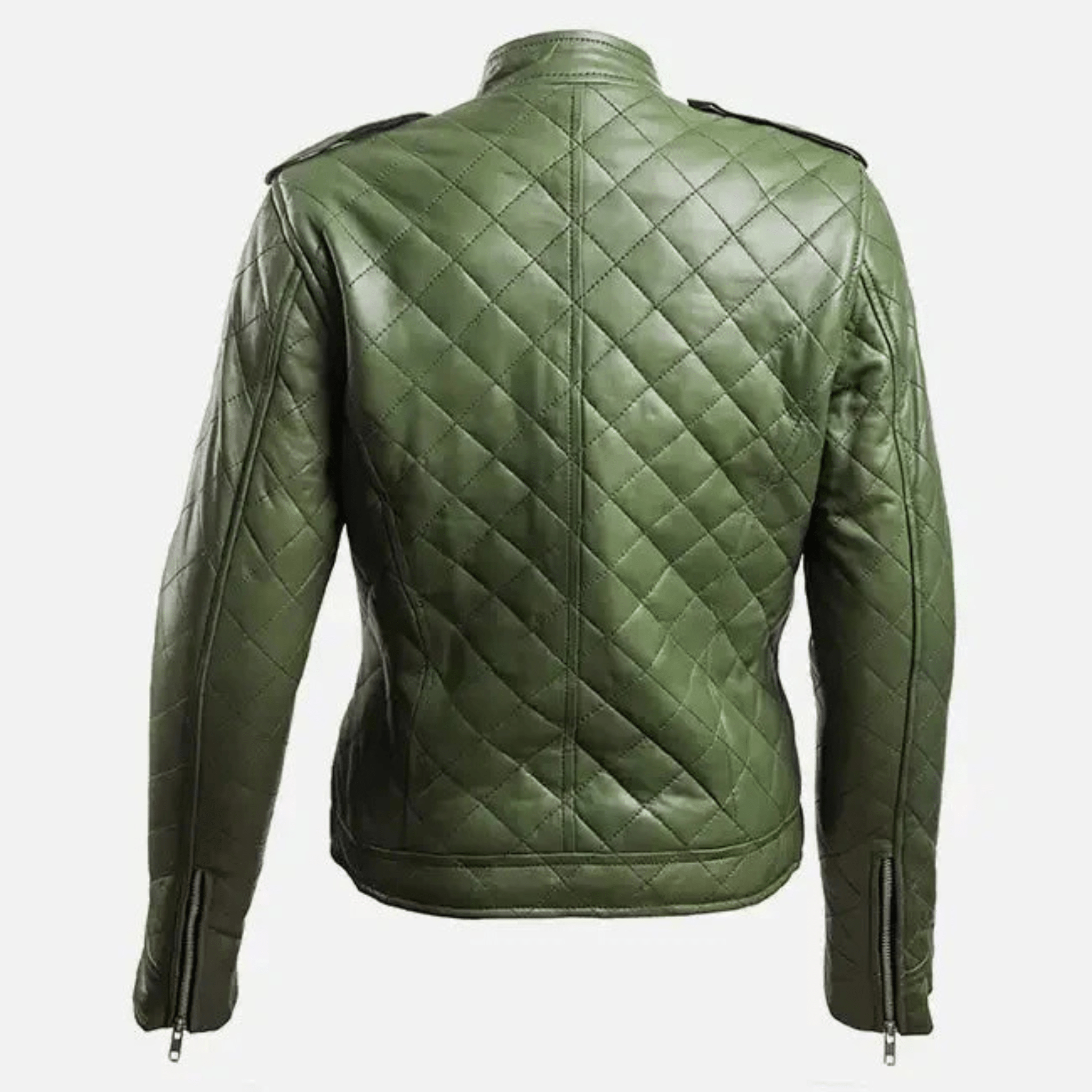 womens green leather puffer jacket back view quilted winter design