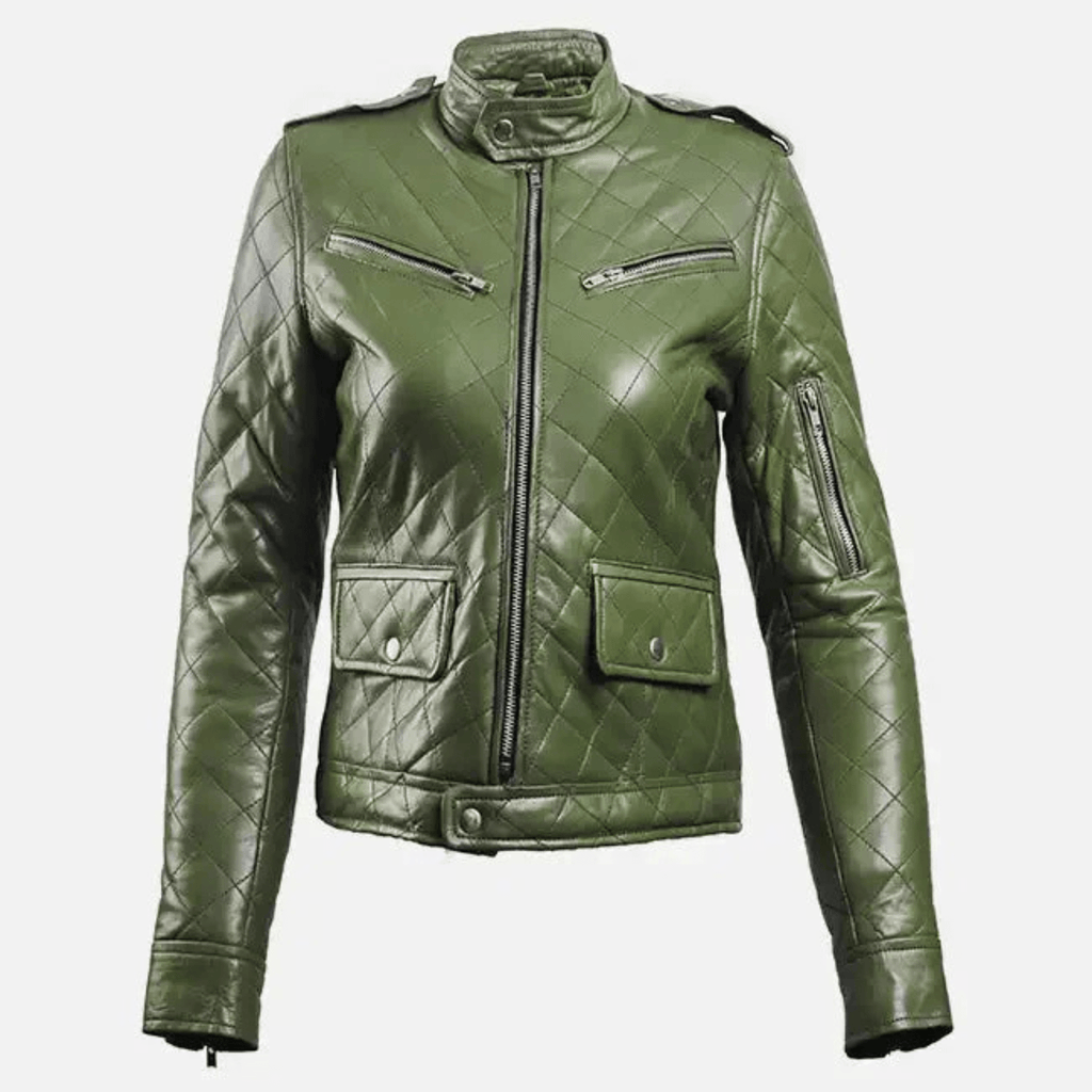 womens green leather puffer jacket sheepskin quilted front view winter coat