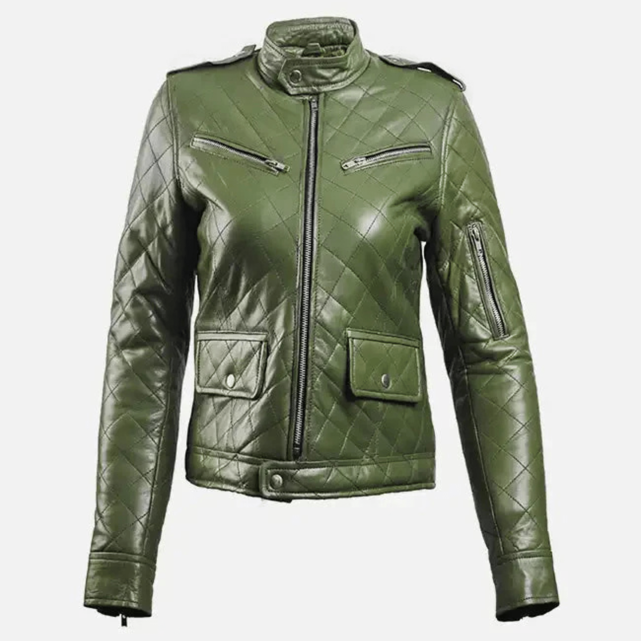 womens green leather puffer jacket sheepskin quilted front view winter coat