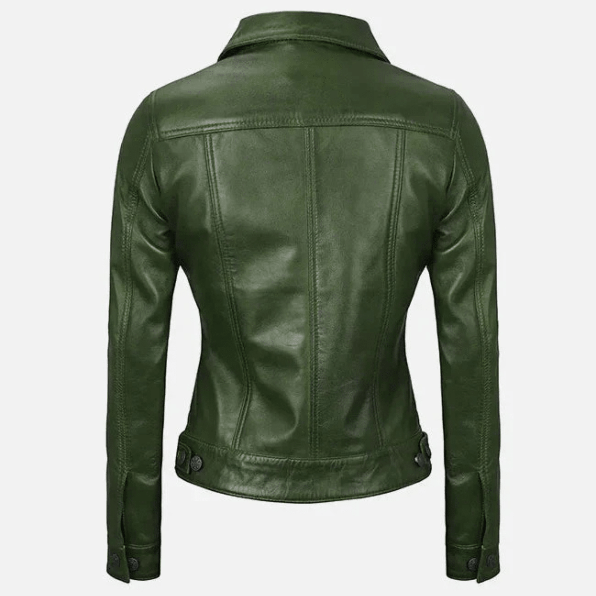 womens green leather trucker jacket back view structured trucker style