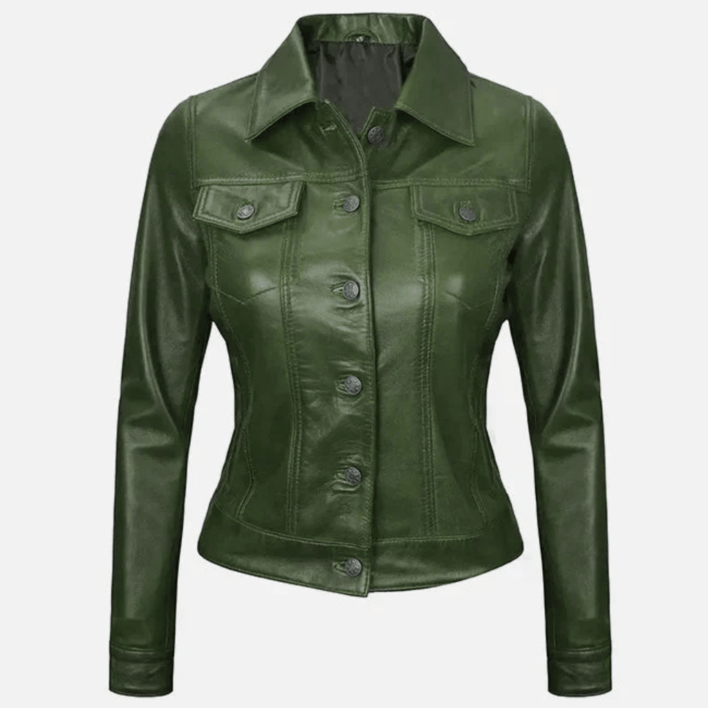 womens green leather trucker jacket genuine leather front view classic design