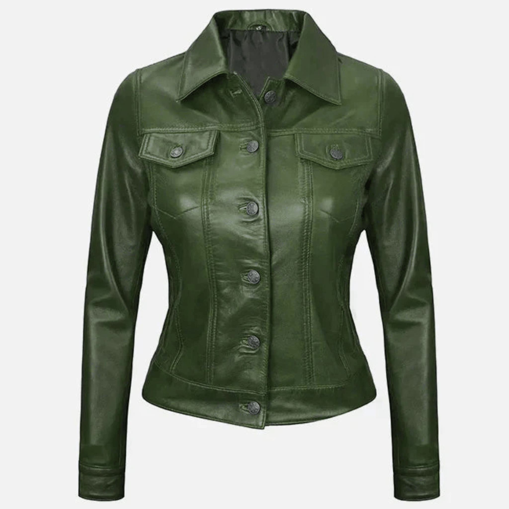 womens green leather trucker jacket genuine leather front view classic design