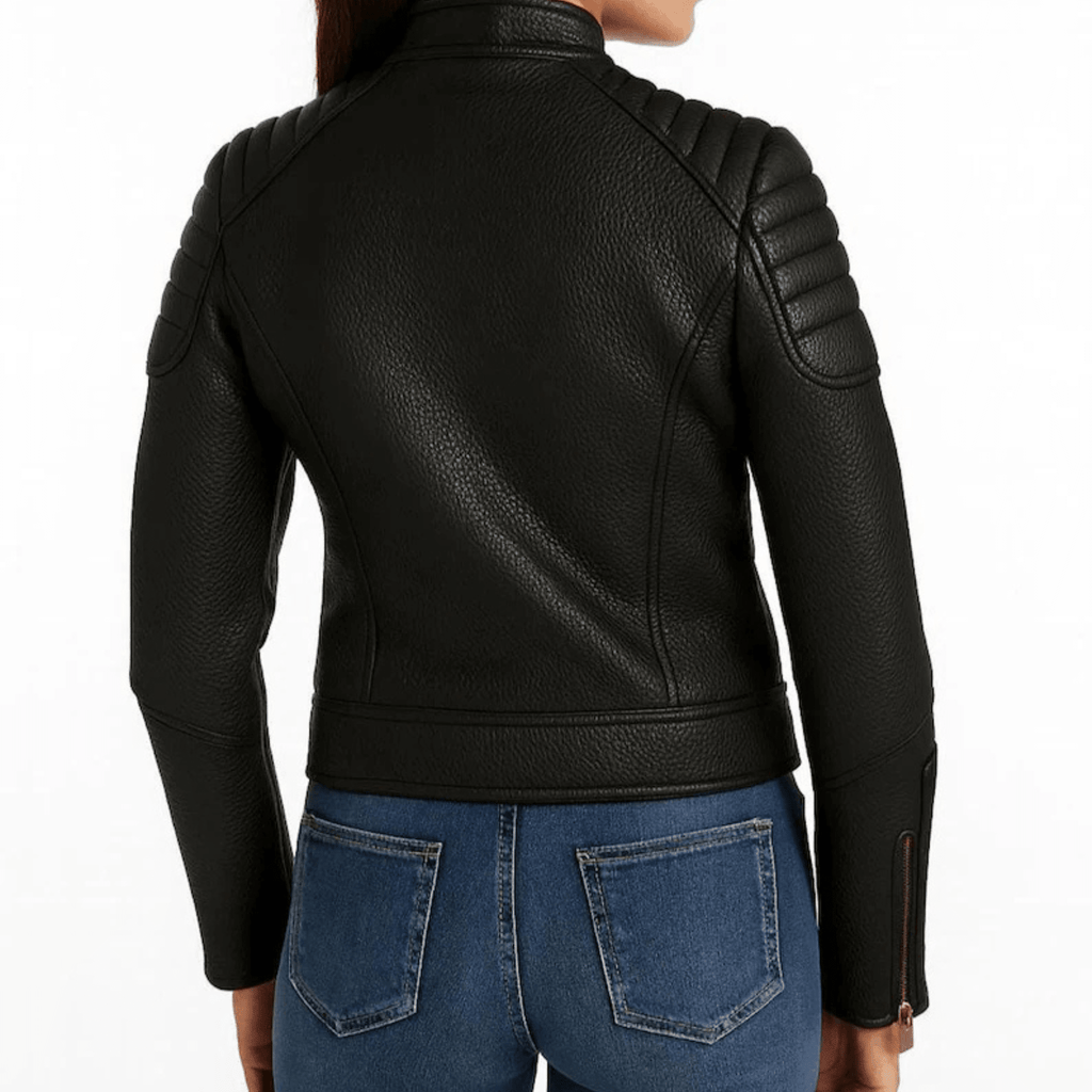 Womens Handmade Sheepskin Leather Biker Jacket back view