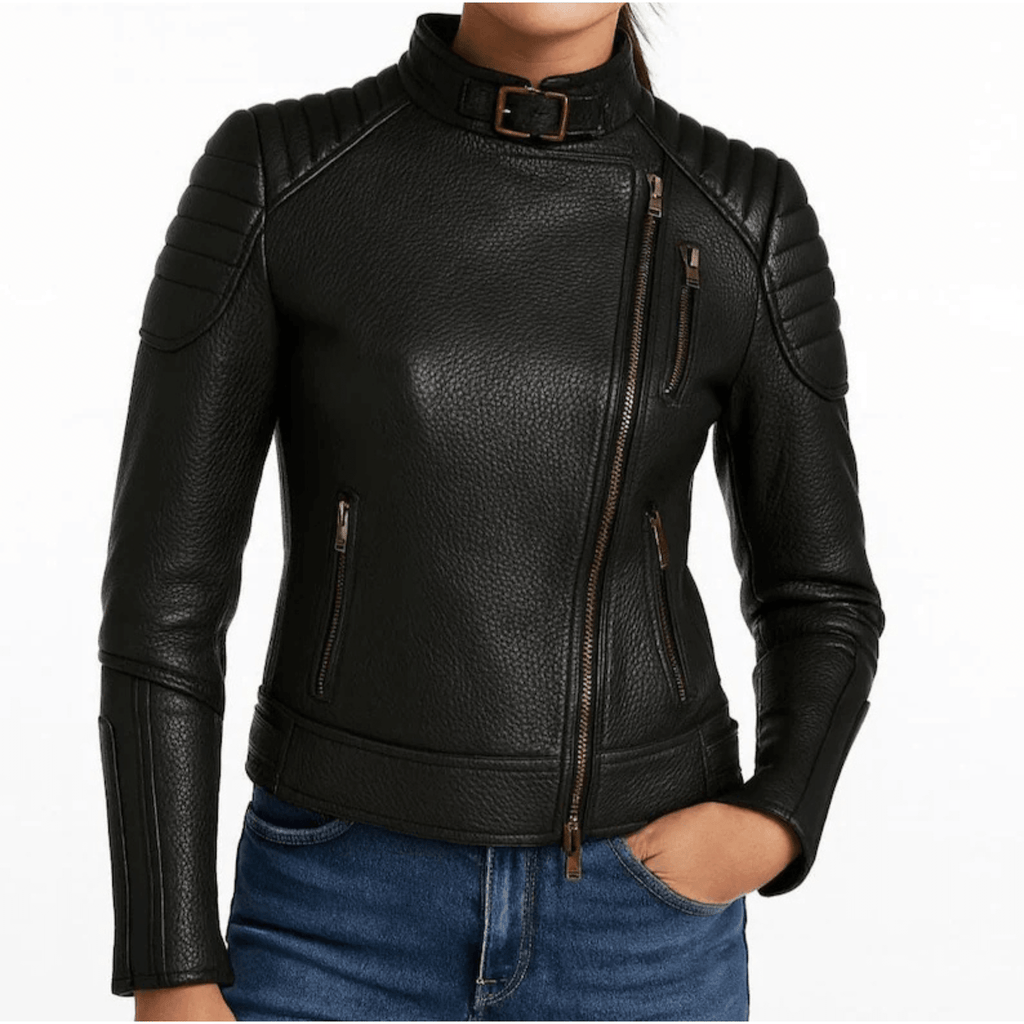 Womens Handmade Sheepskin Leather Biker Jacket front view