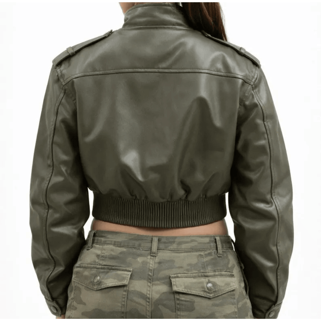 womens olive green cropped leather jacket back view