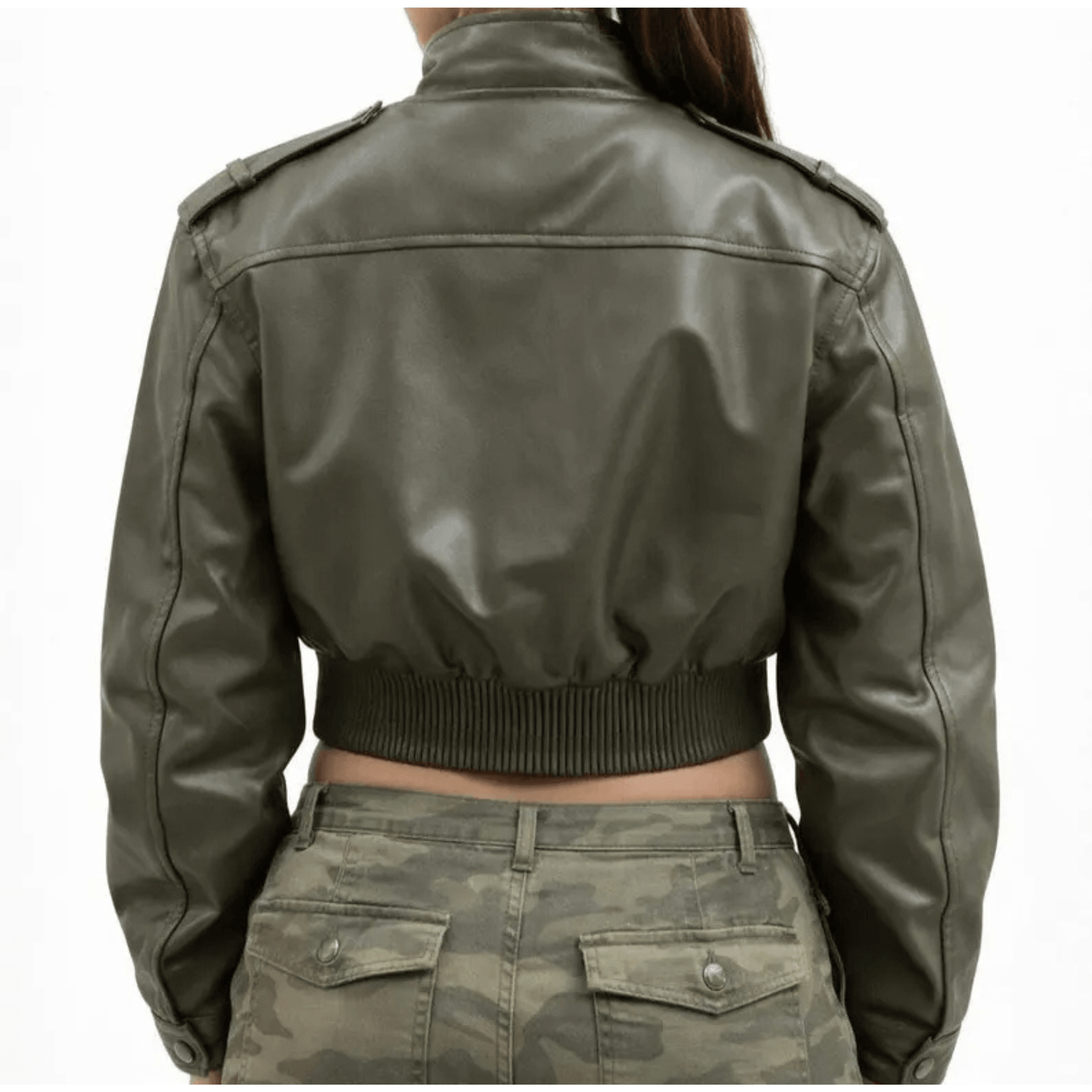 womens olive green cropped leather jacket back view