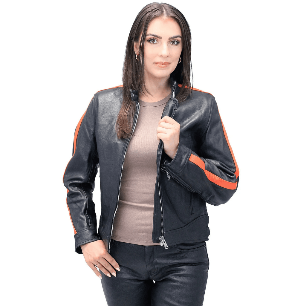 womens buffalo leather biker jacket model wearing orange stripe motorcycle outfit