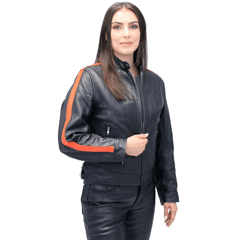 womens orange stripe buffalo leather motorcycle jacket front view biker design