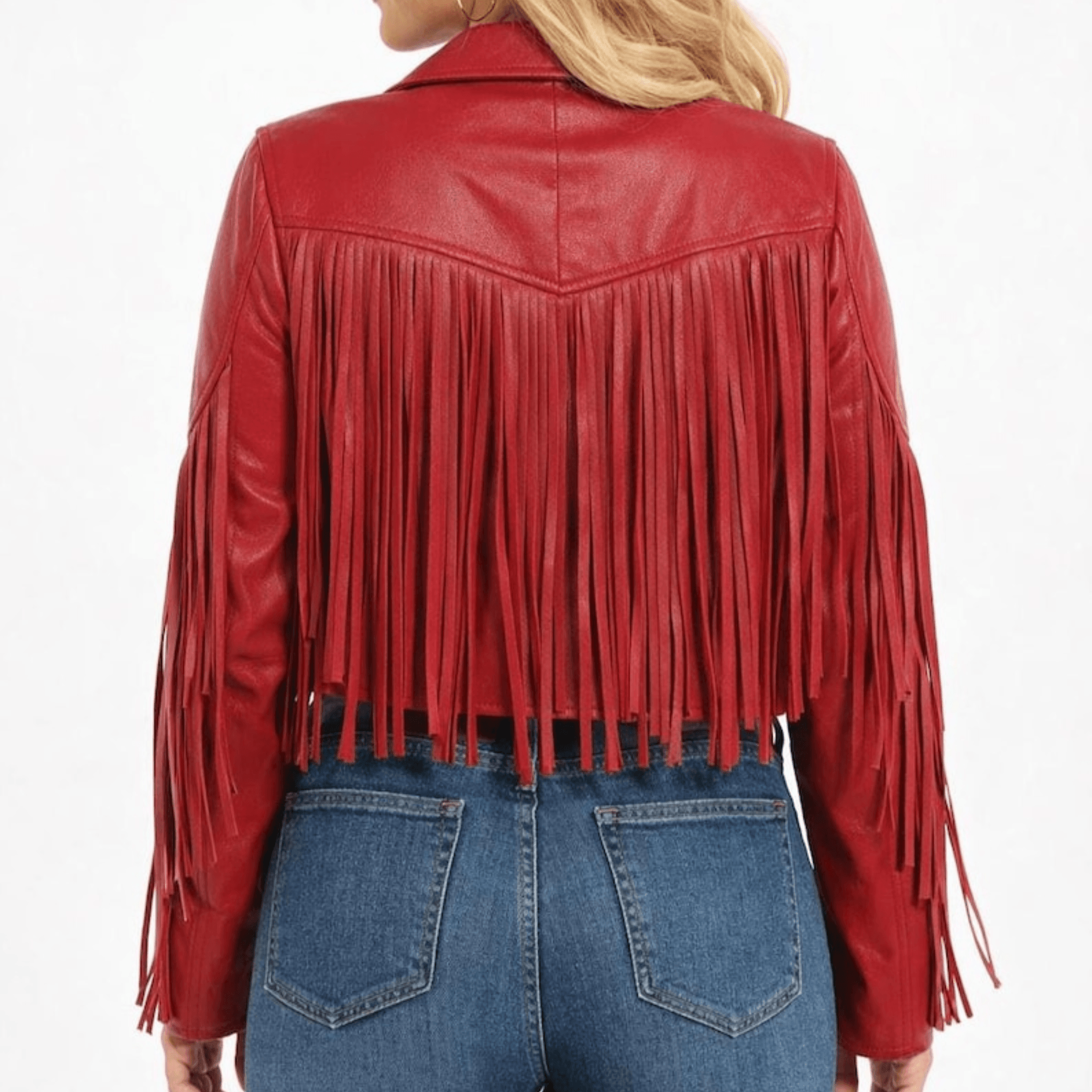 Womens Red Fringe Leather Jacket back view