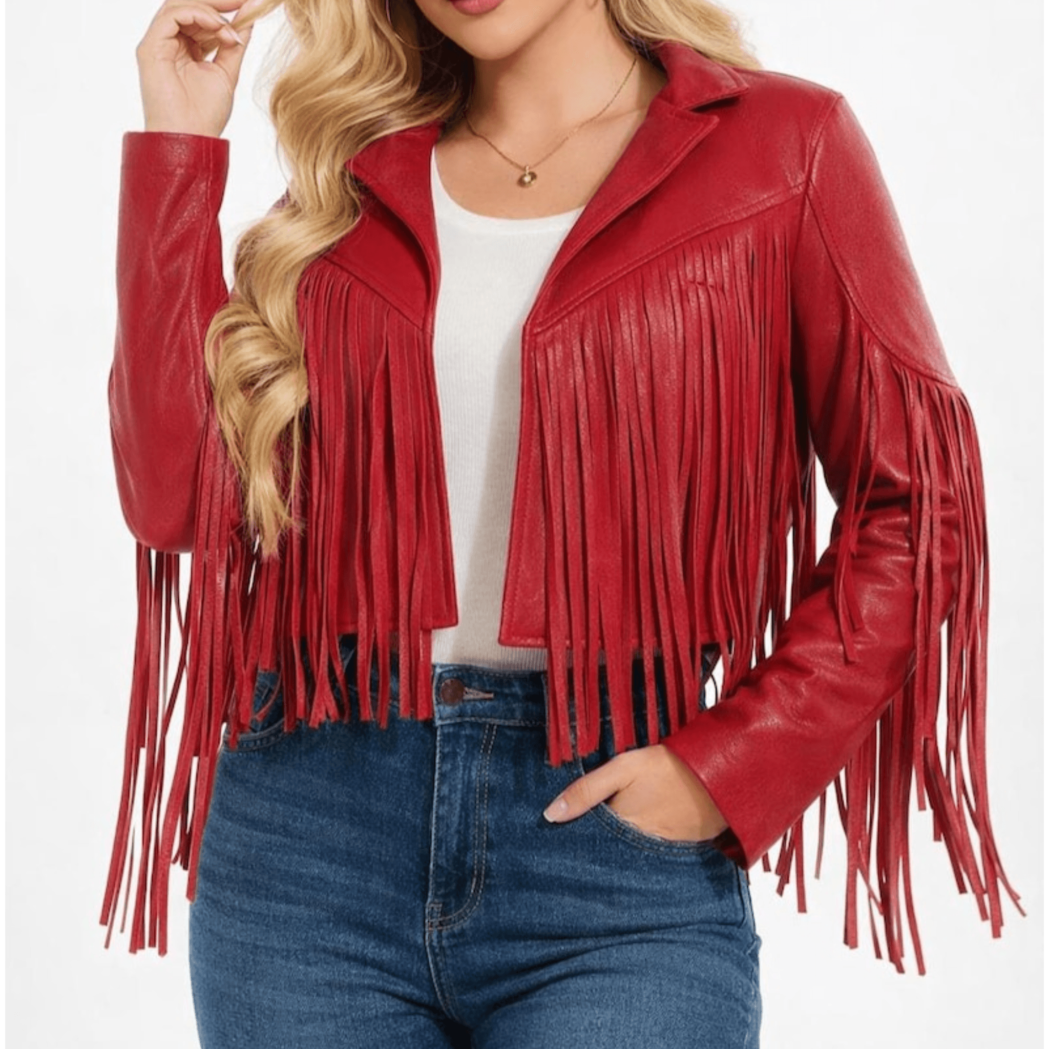 Womens Red Fringe Leather Jacket front view