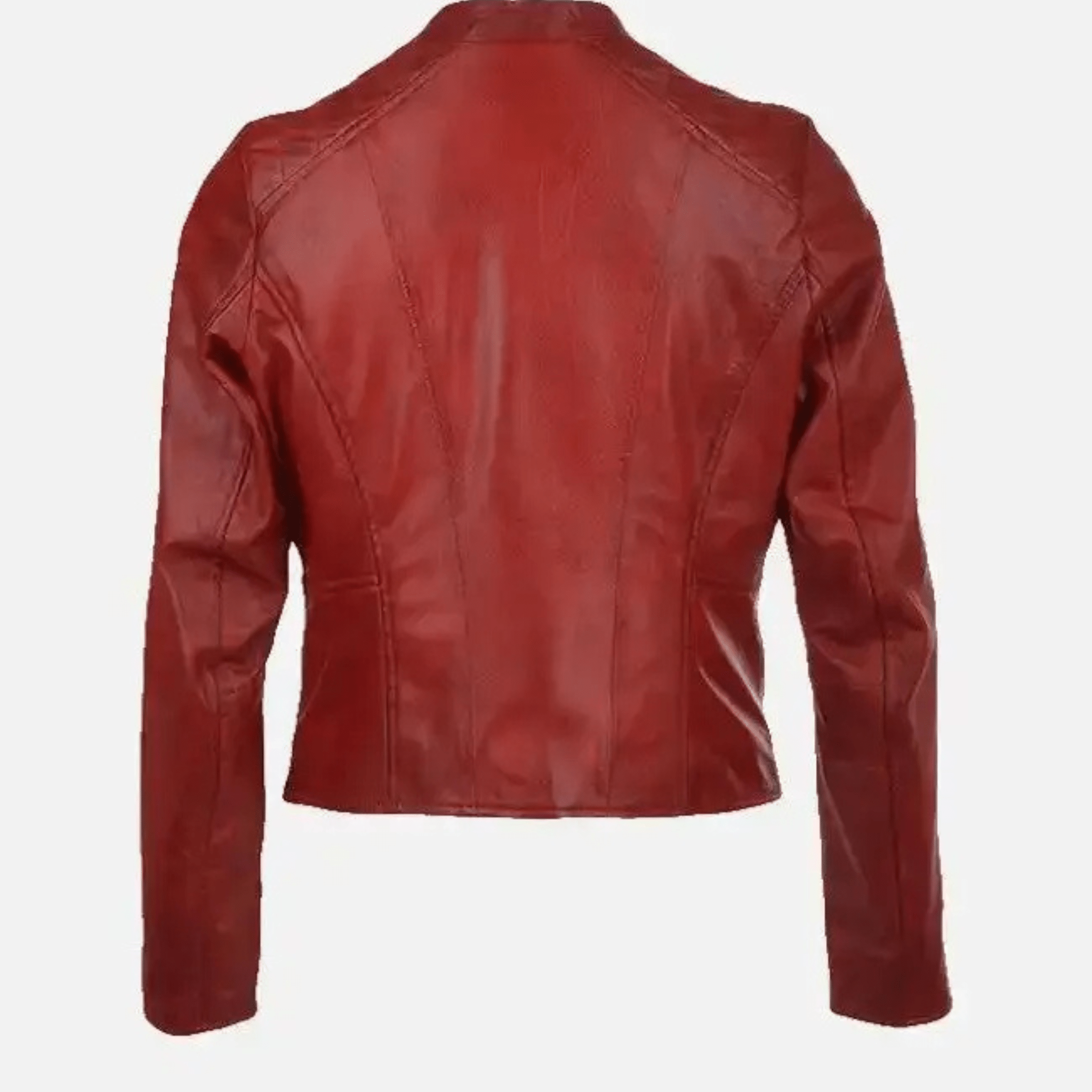womens red leather jacket back view classic biker silhouette