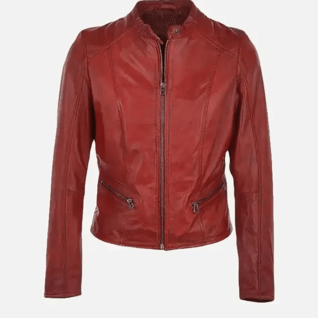womens red moto leather jacket front view genuine sheepskin biker style