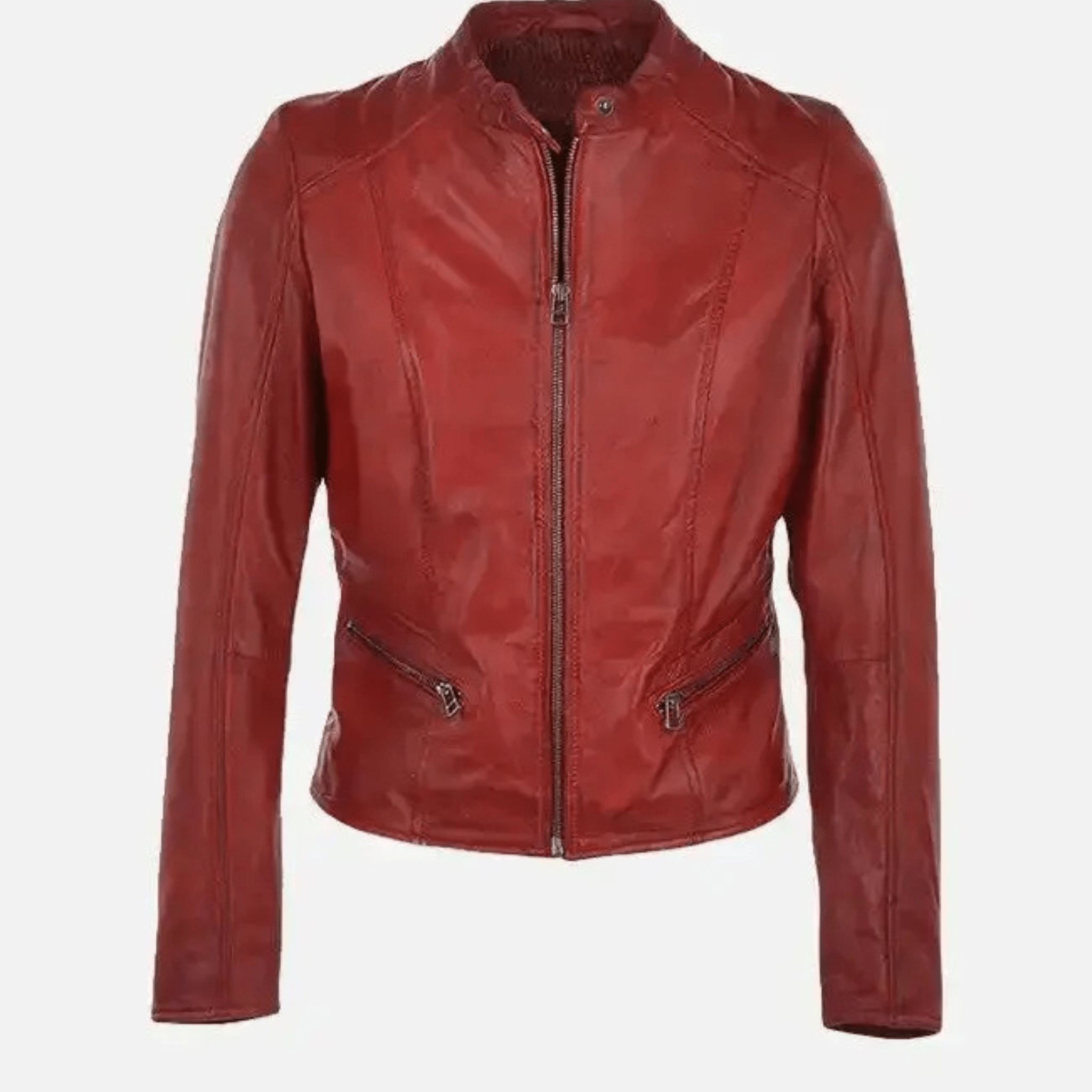 womens red moto leather jacket front view genuine sheepskin biker style