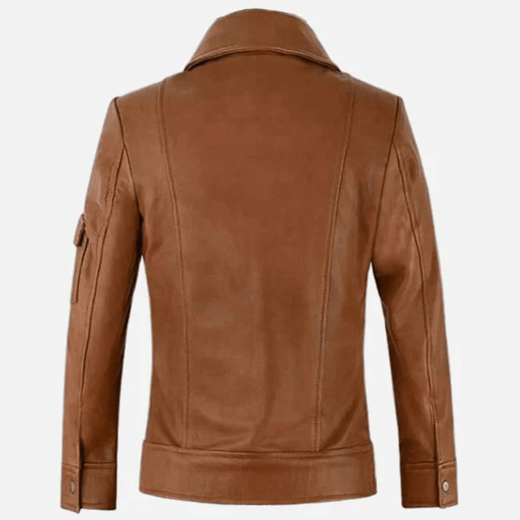 women's tan leather trucker jacket back view classic trucker style